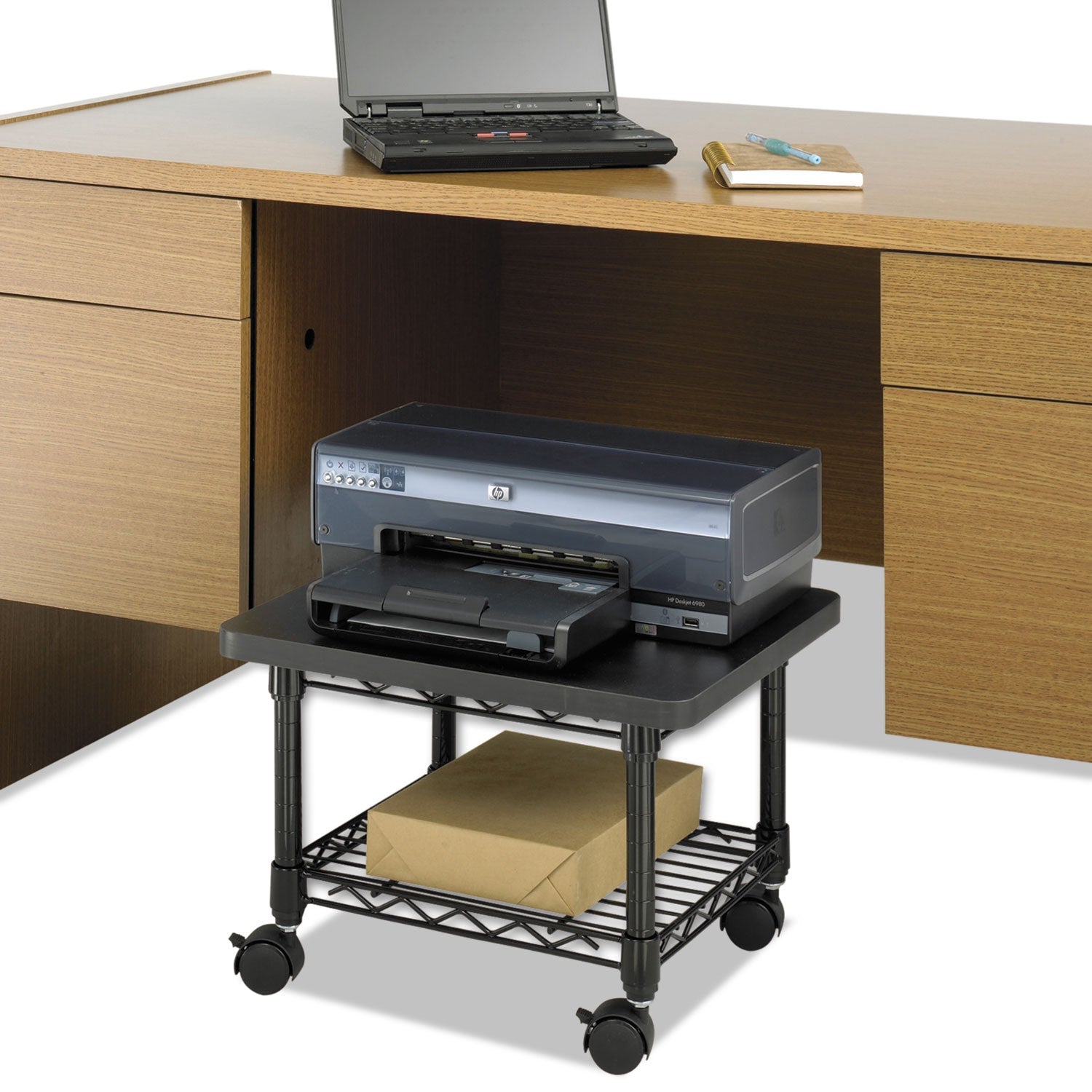 Safco® Underdesk Printer/Fax Stand, Engineered Wood, 2 Shelves, 19" x 16" x 13.5", Black