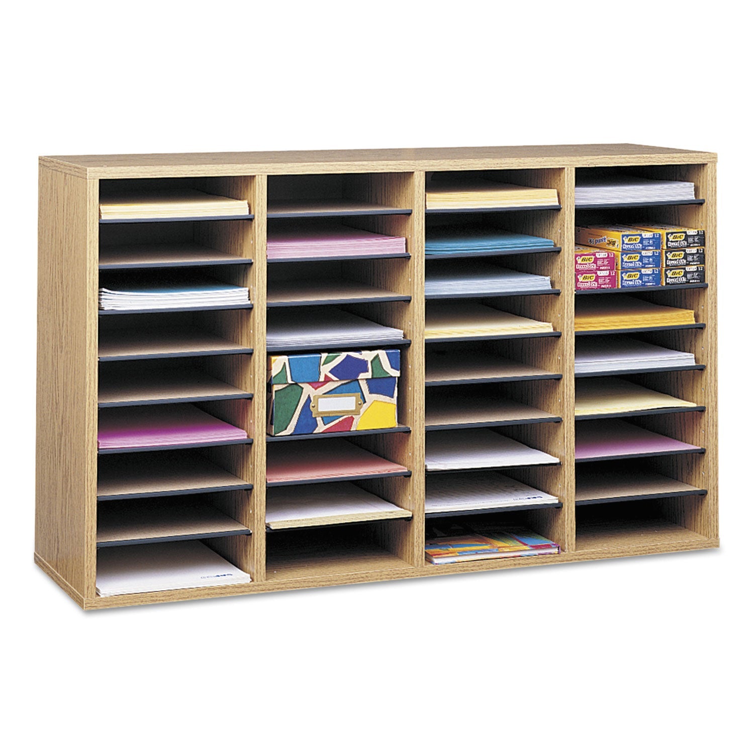 Safco® Wood/Laminate Literature Sorter, 36 Compartments, 39.25 x 11.75 x 24, Medium Oak