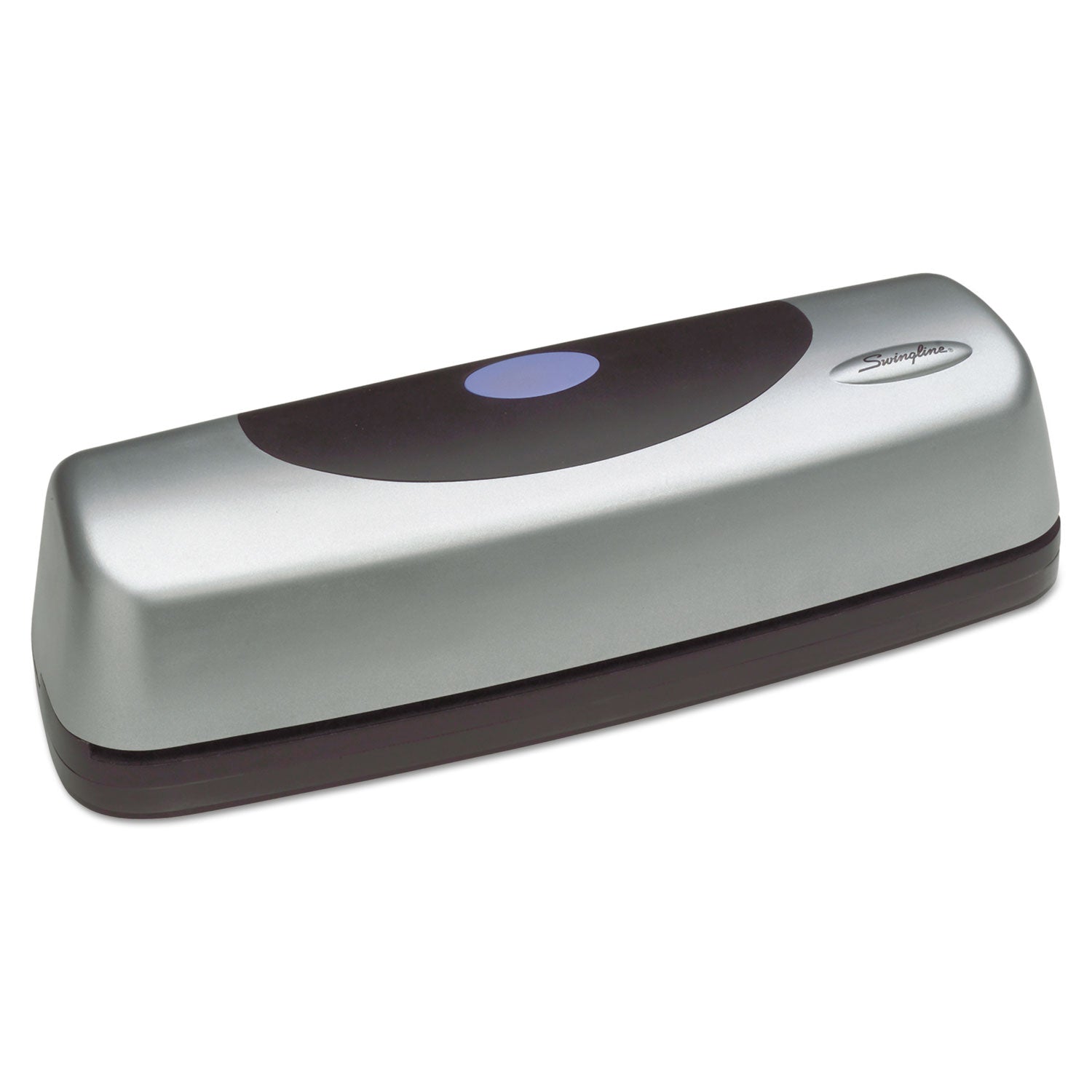 Swingline® 15-Sheet Electric/battery Portable Desktop Punch, Three-Holes, 9/32" Holes, Silver/black