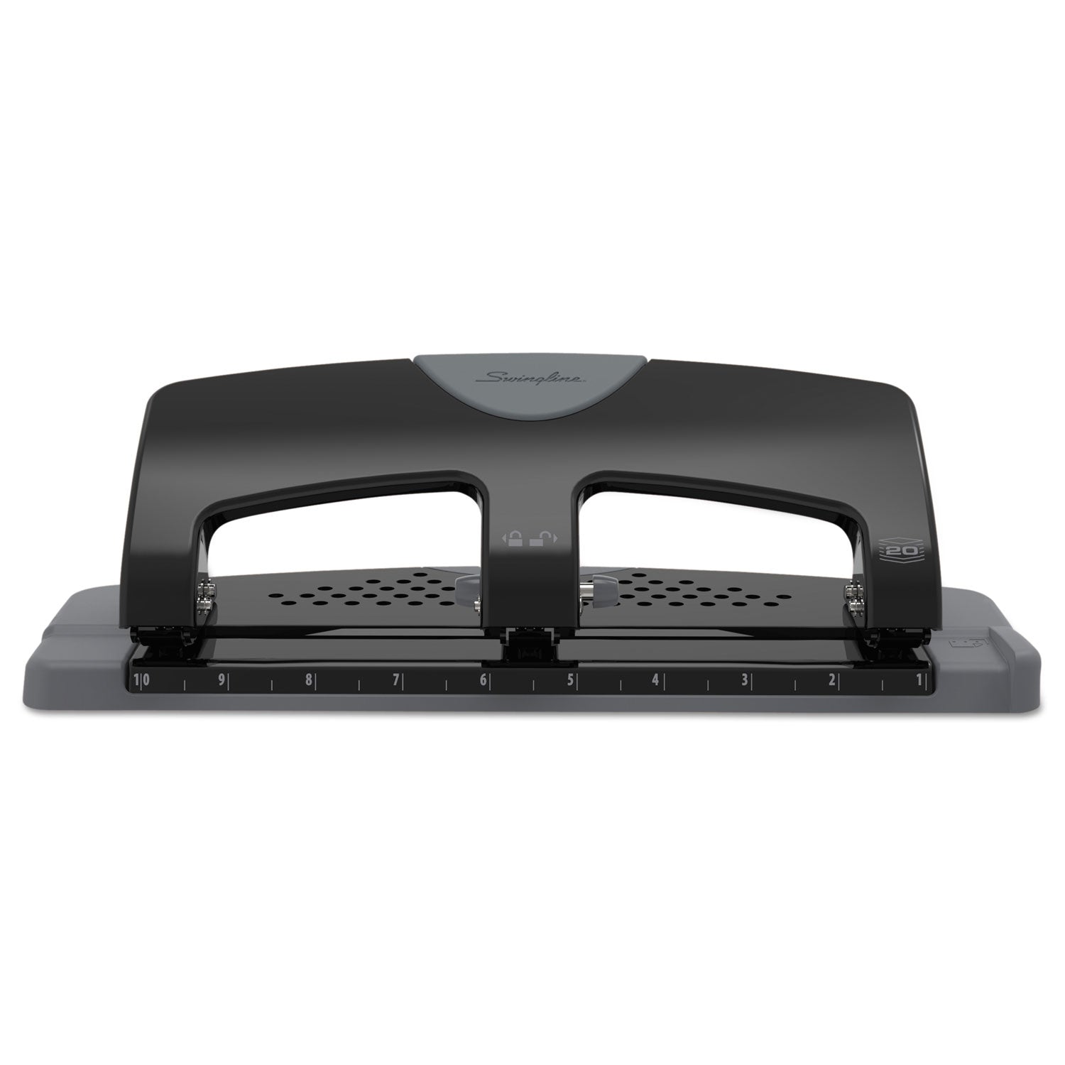 Swingline® 20-Sheet Smarttouch Three-Hole Punch, 9/32" Holes, Black/gray