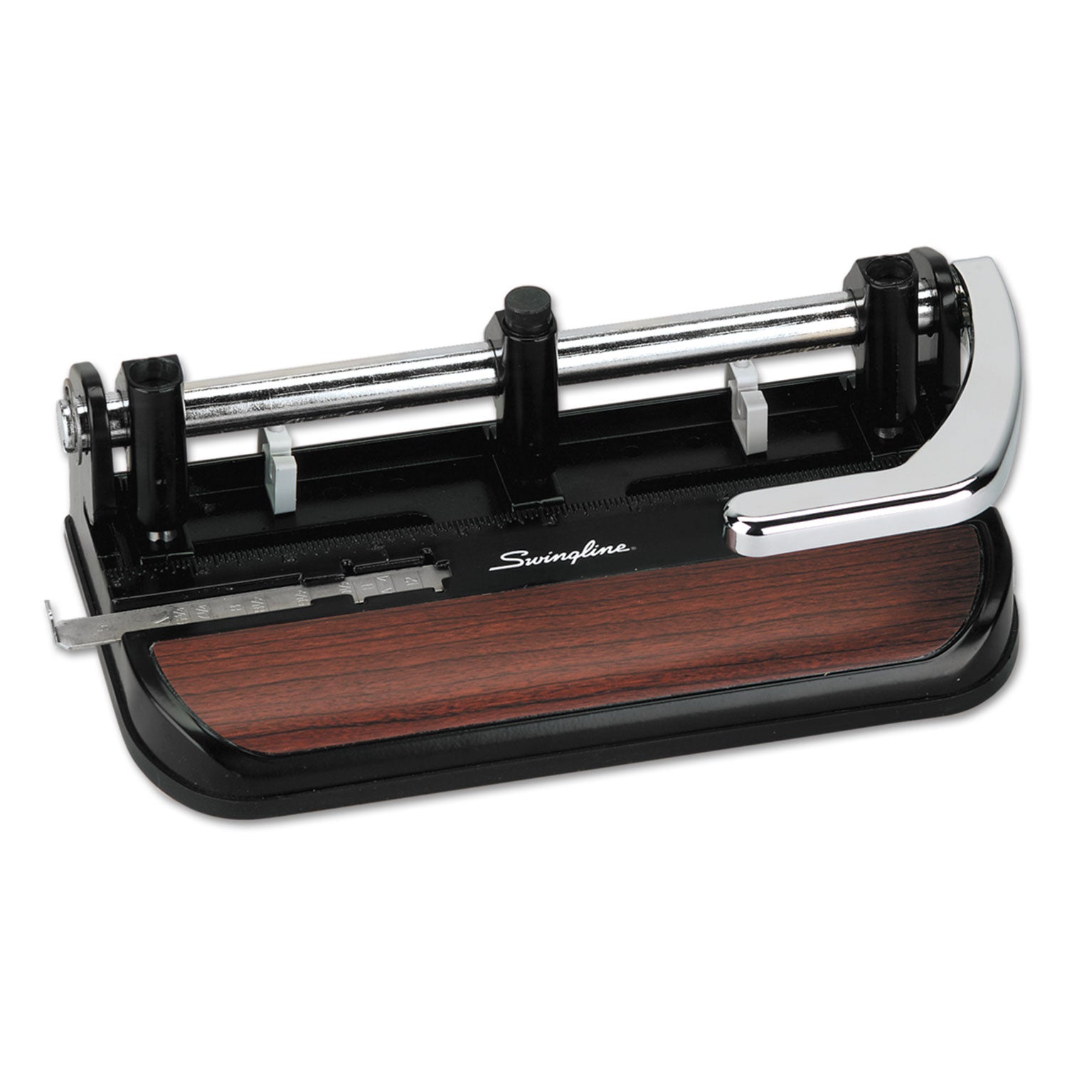 Swingline® 40-Sheet Accented Heavy-Duty Lever Action Two- To Seven-Hole Punch, 11/32" Holes, Black/woodgrain