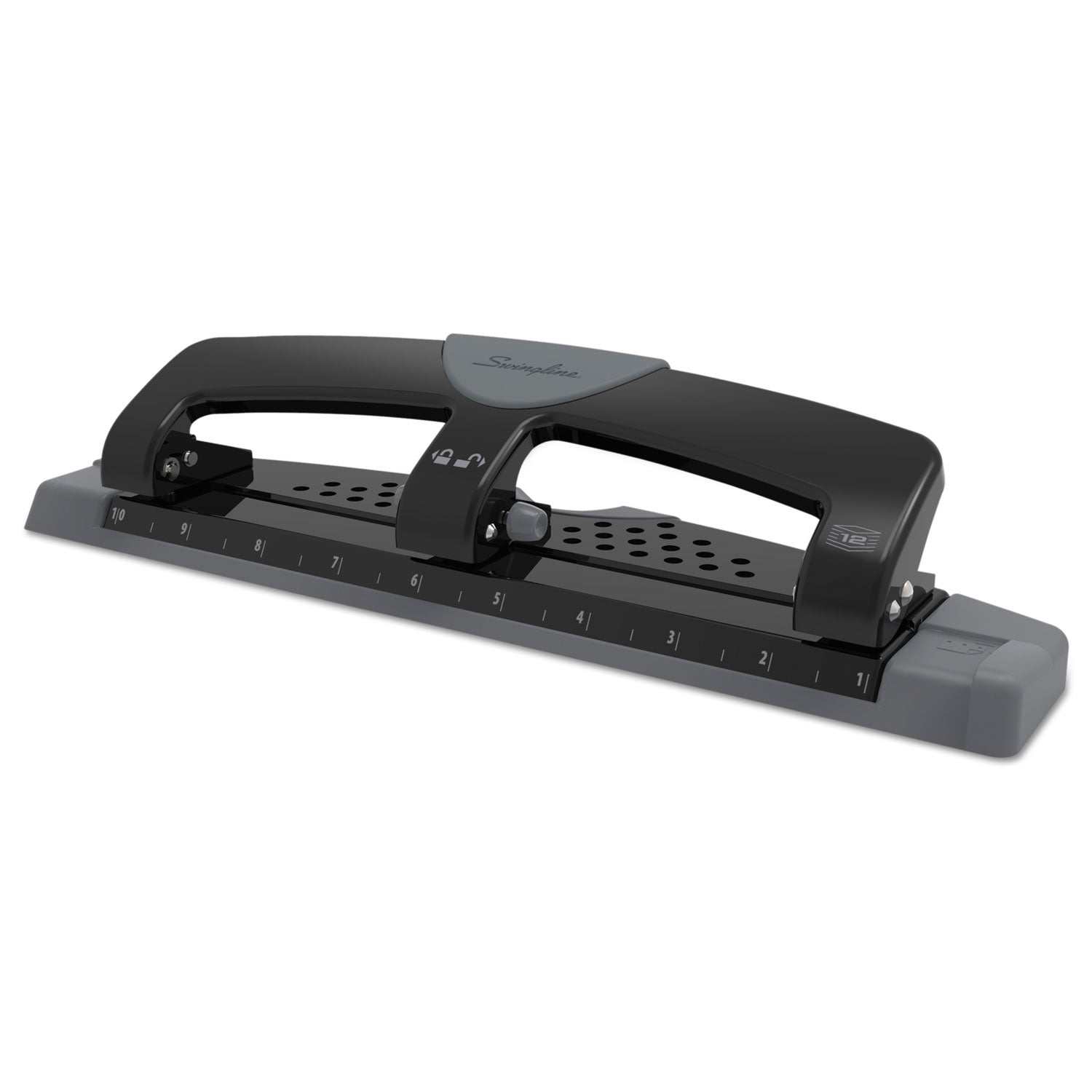 Swingline® 12-Sheet Smarttouch Three-Hole Punch, 9/32" Holes, Black/gray