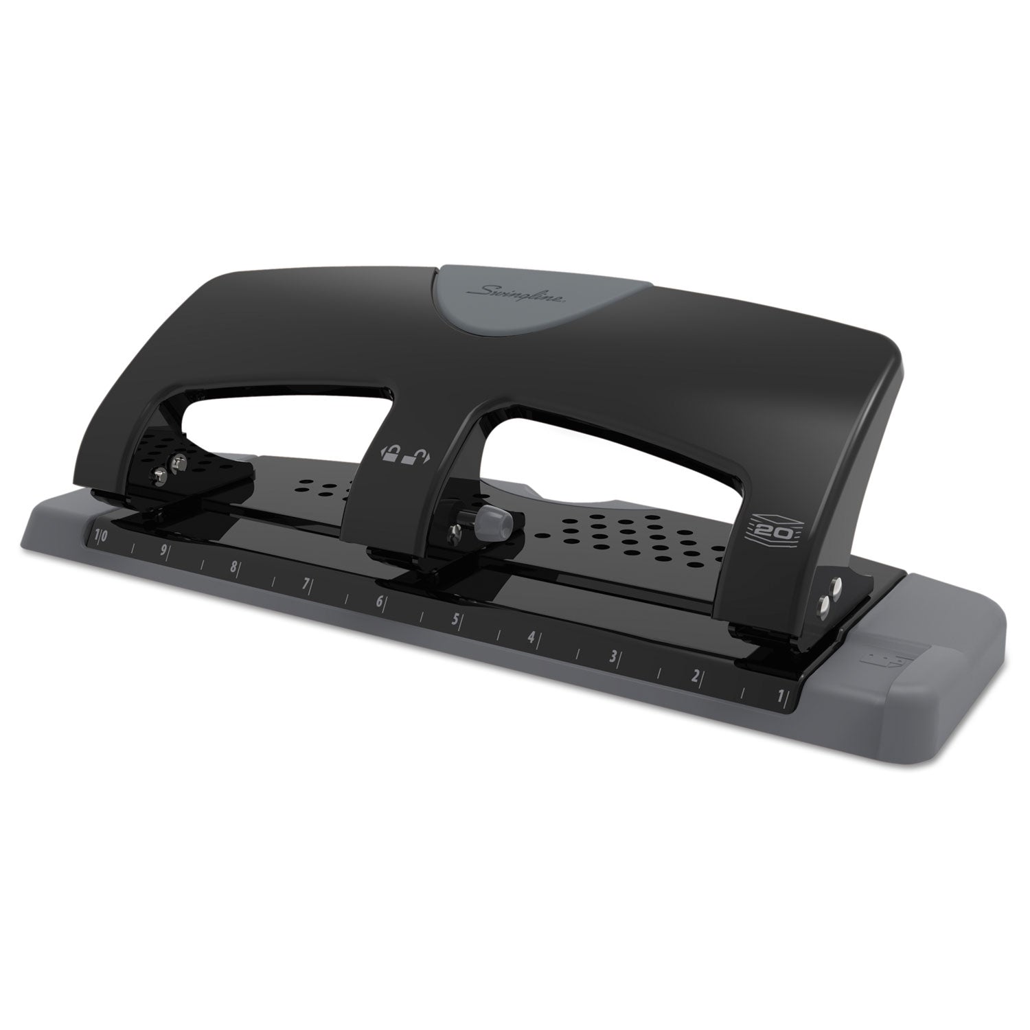 Swingline® 20-Sheet Smarttouch Three-Hole Punch, 9/32" Holes, Black/gray