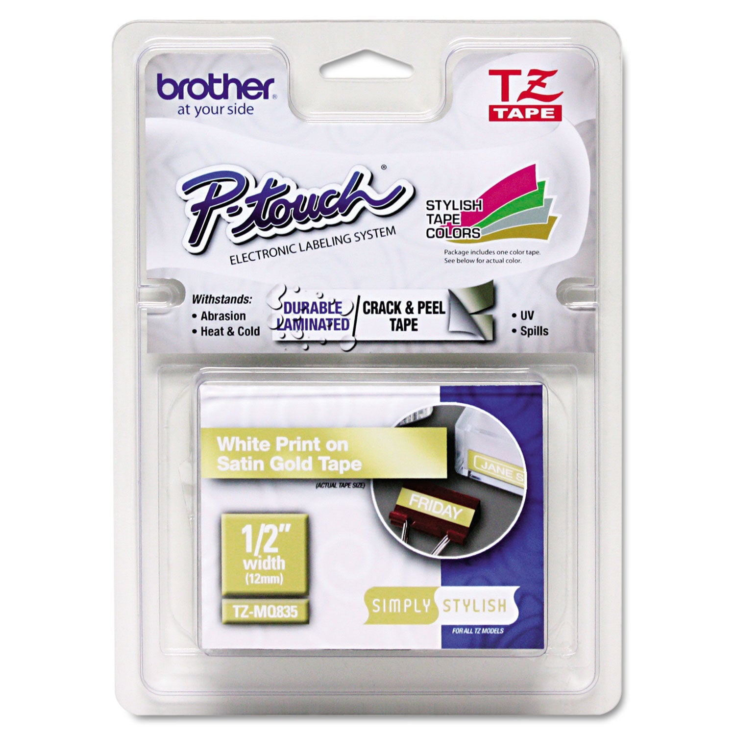 P-Touch Standard Laminated Label Tape | Wht/SatinGld