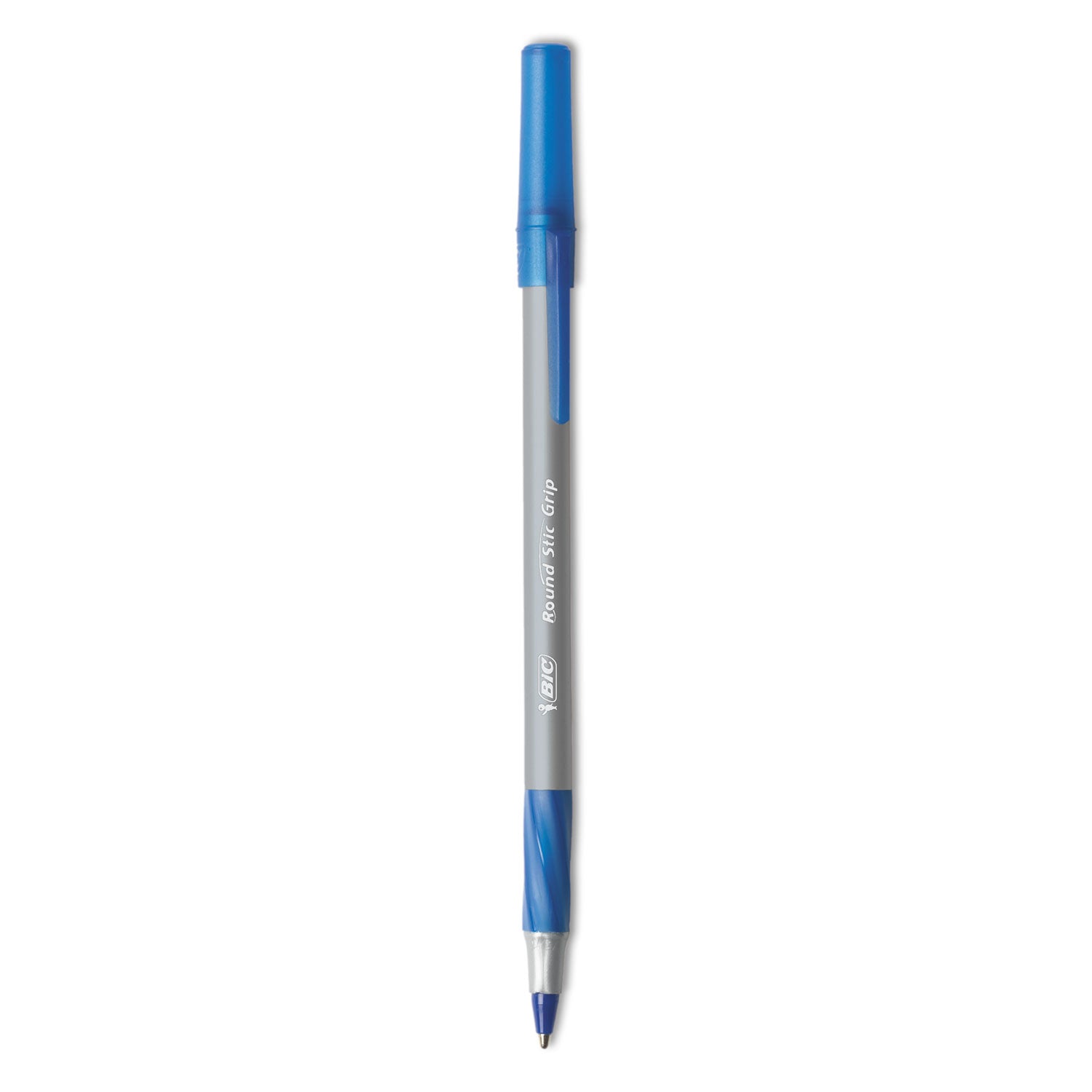 BIC® Round Stic Grip Xtra Comfort Ballpoint Pen, Easy-Glide System, Stick, Medium 1.2 mm, Blue Ink, Gray/Blue Barrel, Dozen