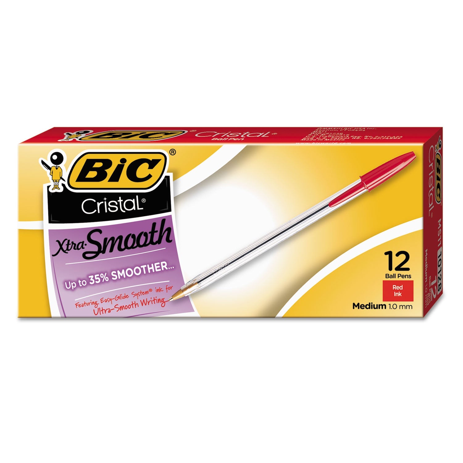 BIC® Cristal Xtra Smooth Ballpoint Pen, Stick, Medium 1 Mm, Red Ink, Clear Barrel, Dozen