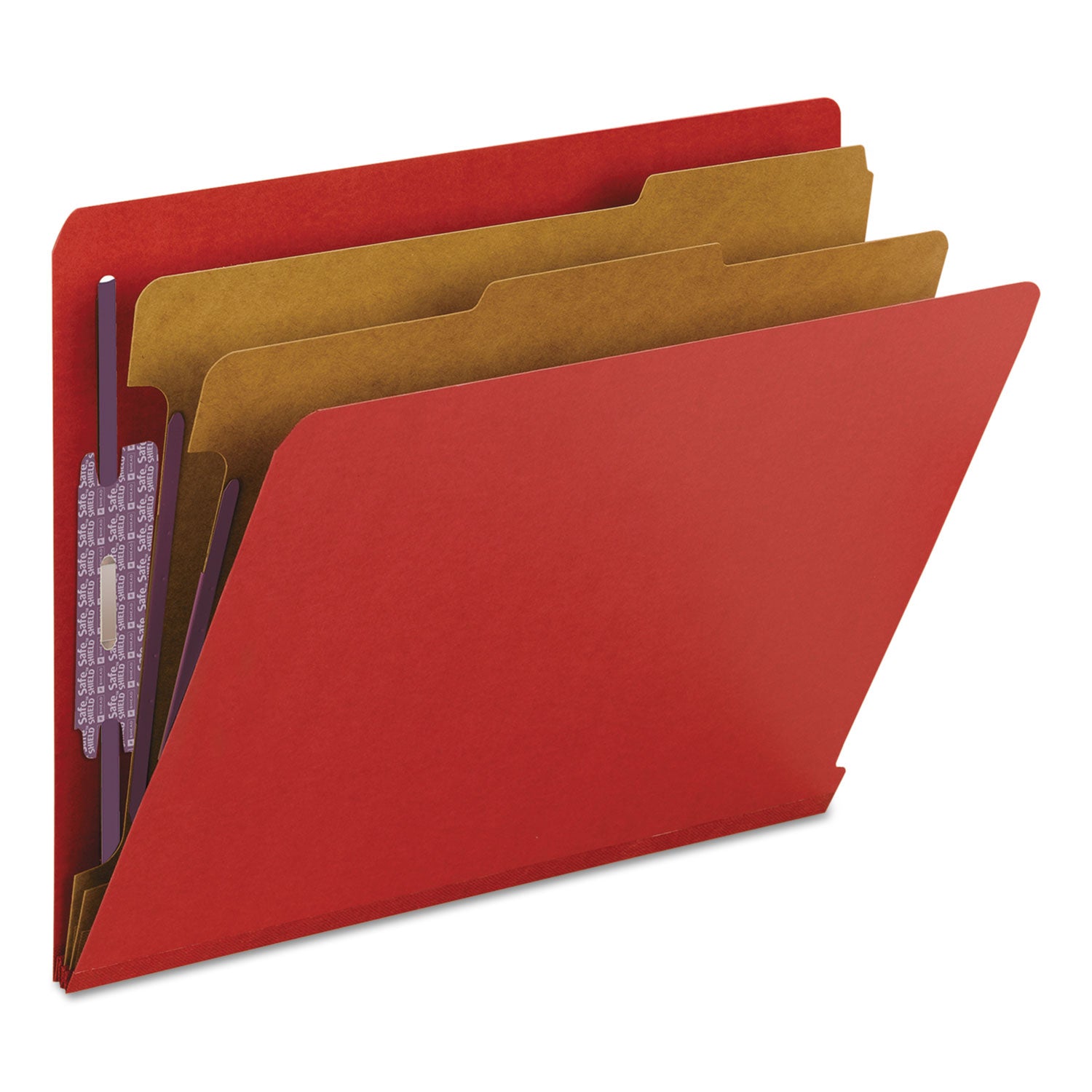 Smead End Tab Pressboard Classification Folders, Six SafeSHIELD Fasteners, 2" Expansion, 2 Dividers, Letter Size, Bright Red, 10/BX