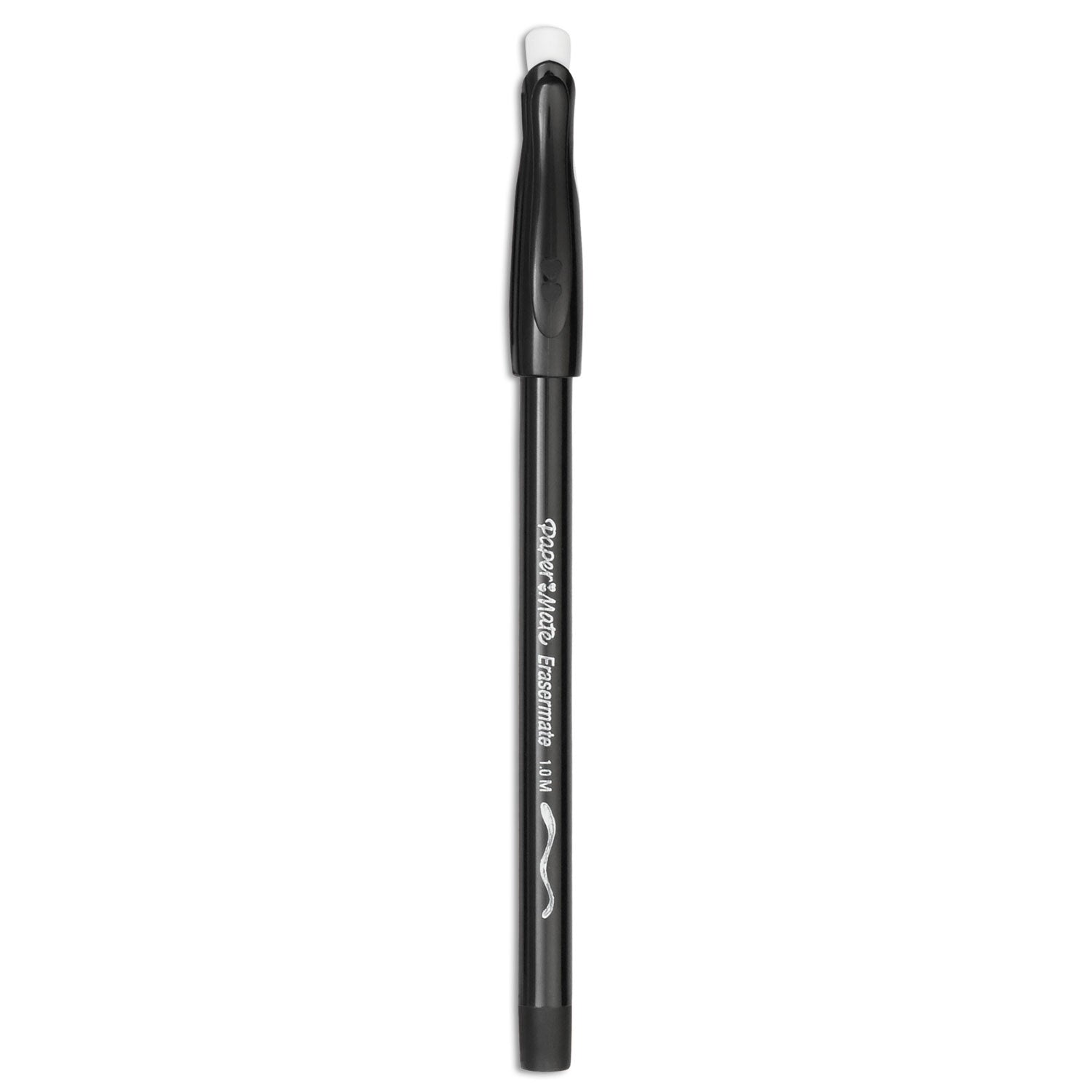 Paper Mate® Eraser Mate Ballpoint Pen, Stick, Medium 1 Mm, Black Ink, Black Barrel, Dozen
