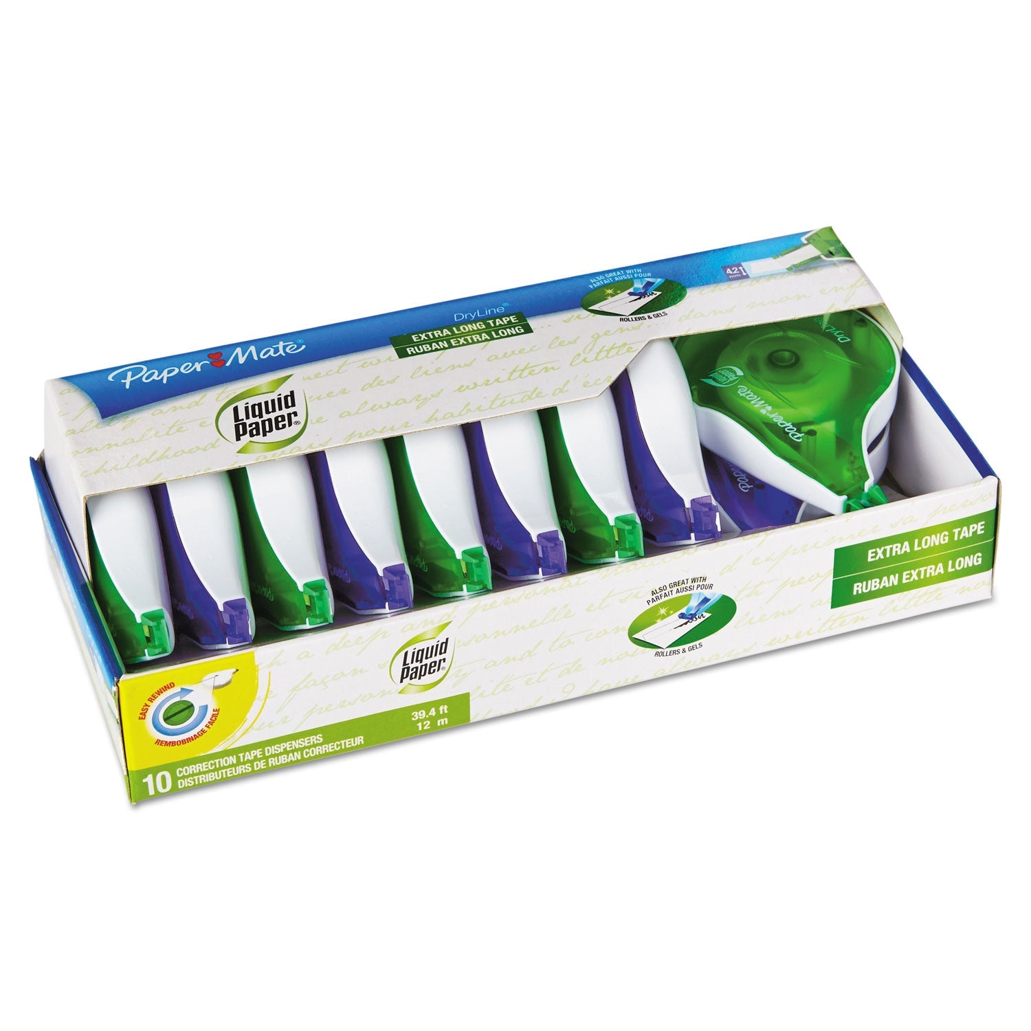 Paper Mate® Liquid Paper® DryLine Correction Tape, Non-Refillable, Green/Purple Applicators, 0.17" x 472", 10/Pack
