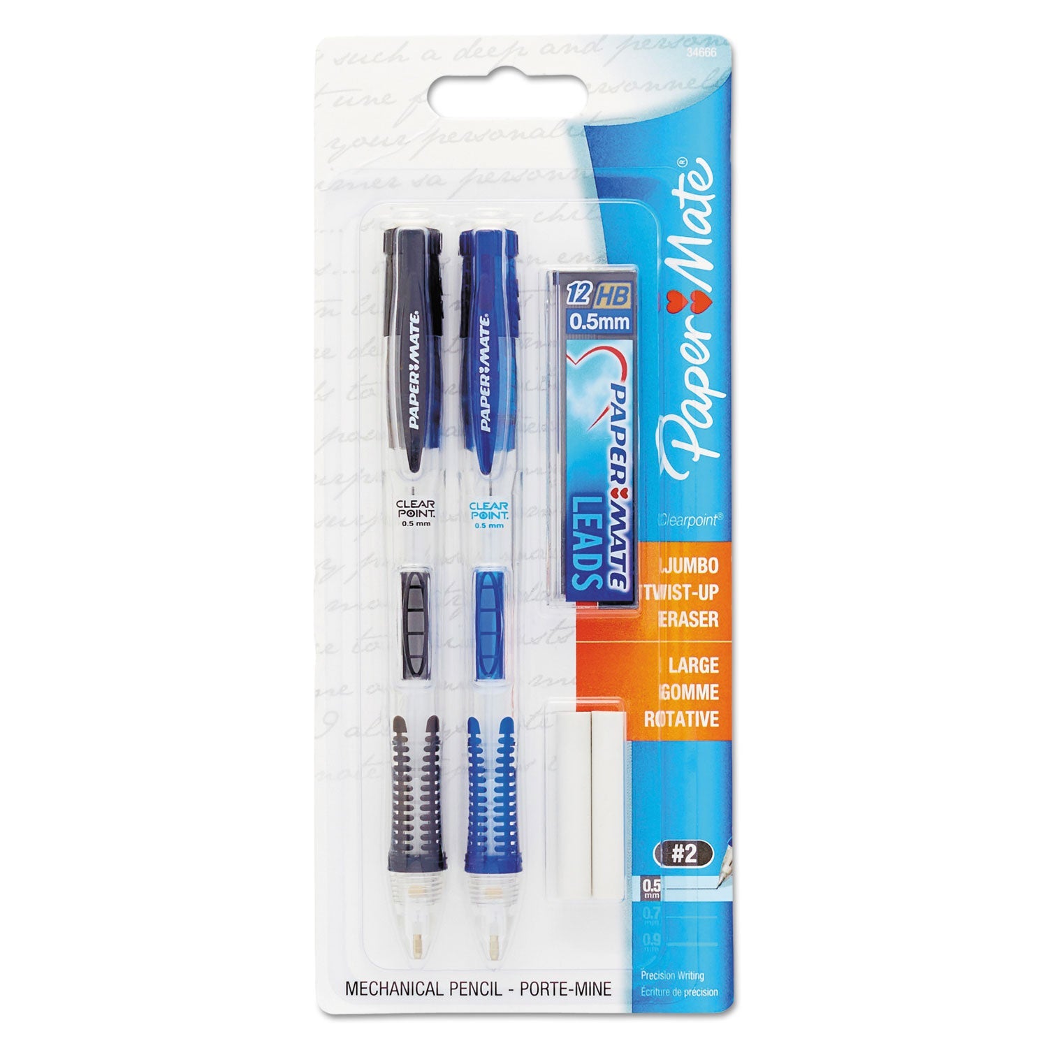 Paper Mate® Clear Point Mechanical Pencils with Tube of Lead/Erasers, 0.5 mm, HB(#2), Black Lead, Randomly Assorted Barrel Colors, 2/Pack