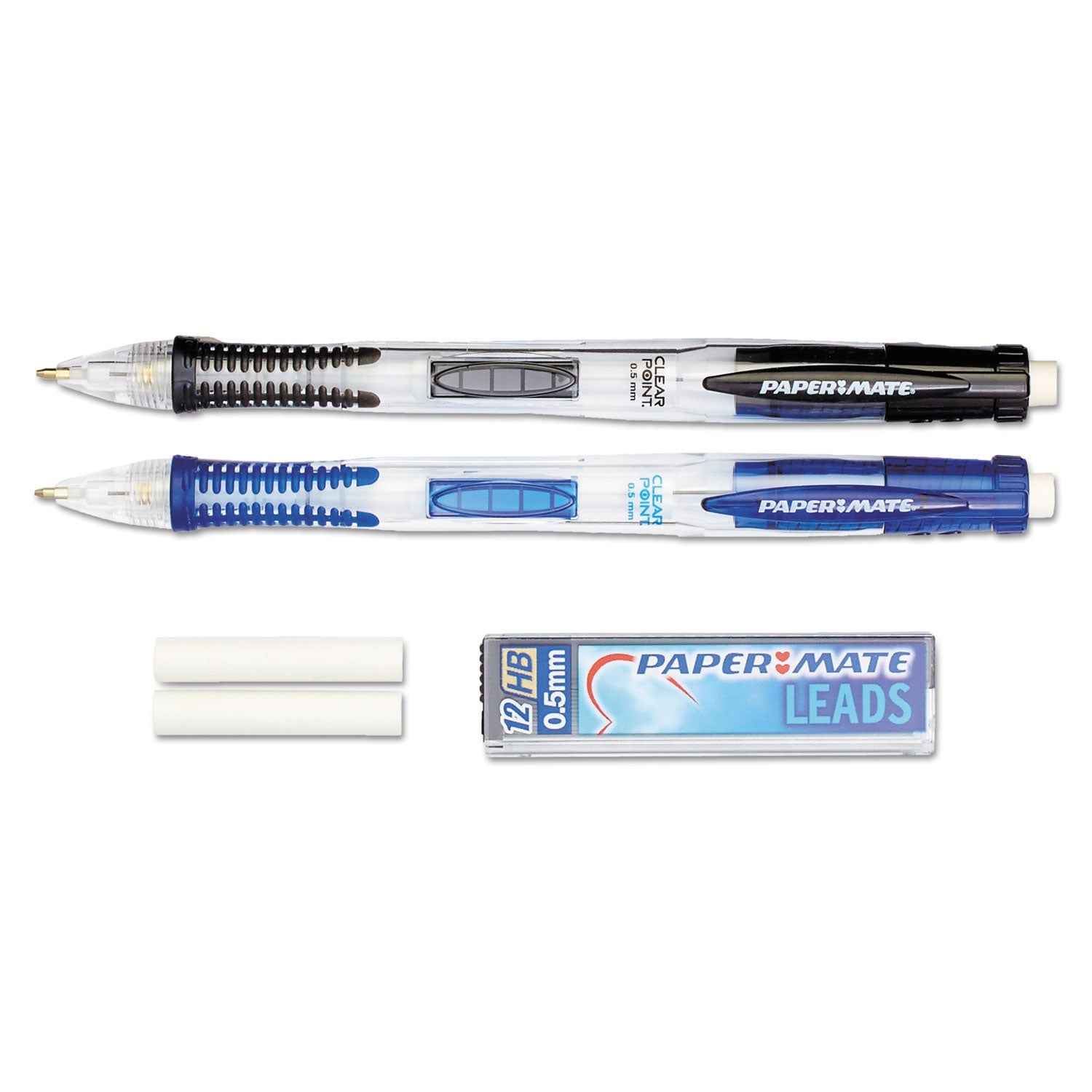 Paper Mate® Clear Point Mechanical Pencils with Tube of Lead/Erasers, 0.5 mm, HB(#2), Black Lead, Randomly Assorted Barrel Colors, 2/Pack
