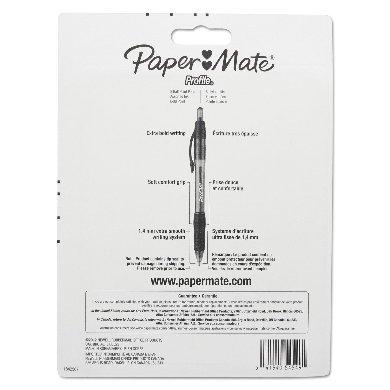 Paper Mate® Profile Ballpoint Pen, Retractable, Bold 1.4 Mm, Assorted Ink And Barrel Colors, 8/pack