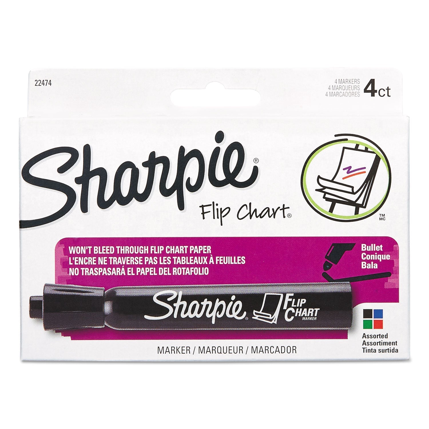 Sharpie® Flip Chart Marker, Broad Bullet Tip, Assorted Colors, 4/set