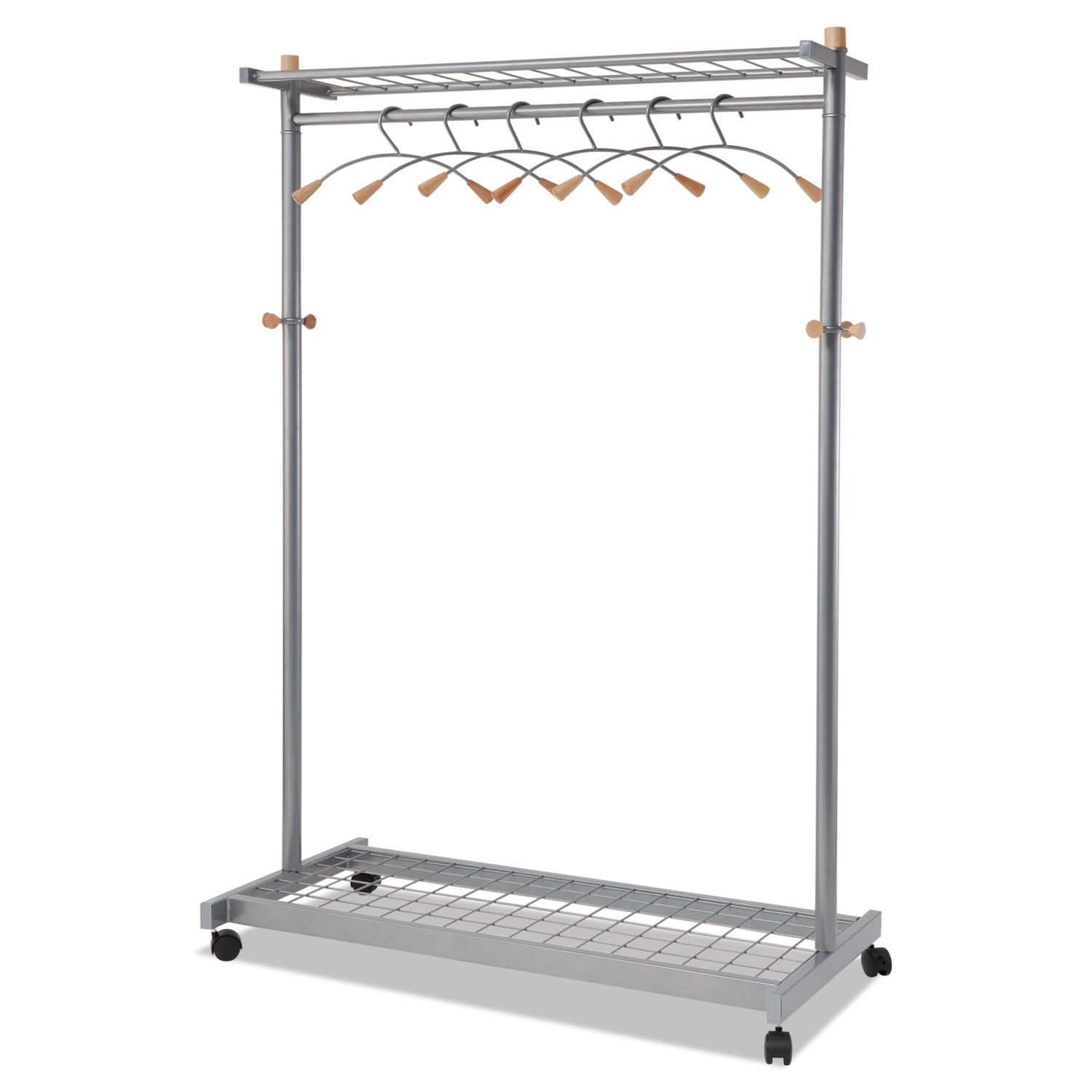Alba™ Garment Racks, Two-Sided, 2-Shelf Coat Rack, 6 Hanger/6 Hook, 44.8w x 21.67d x 70.8h, Silver/Wood