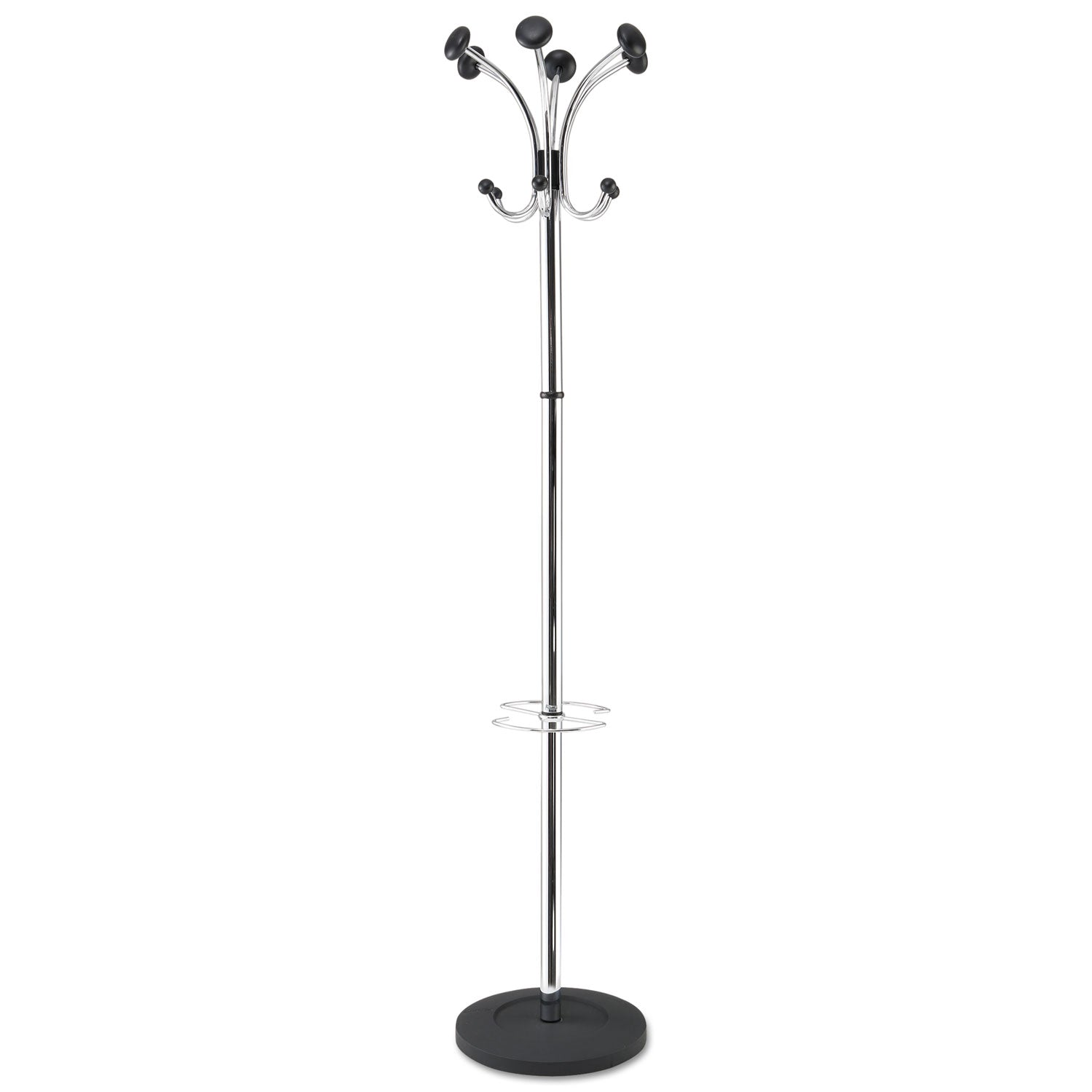Alba™ Chromy Coat Stand, 12 Knobs, 16w X 16d X 70.5h, Chrome/black