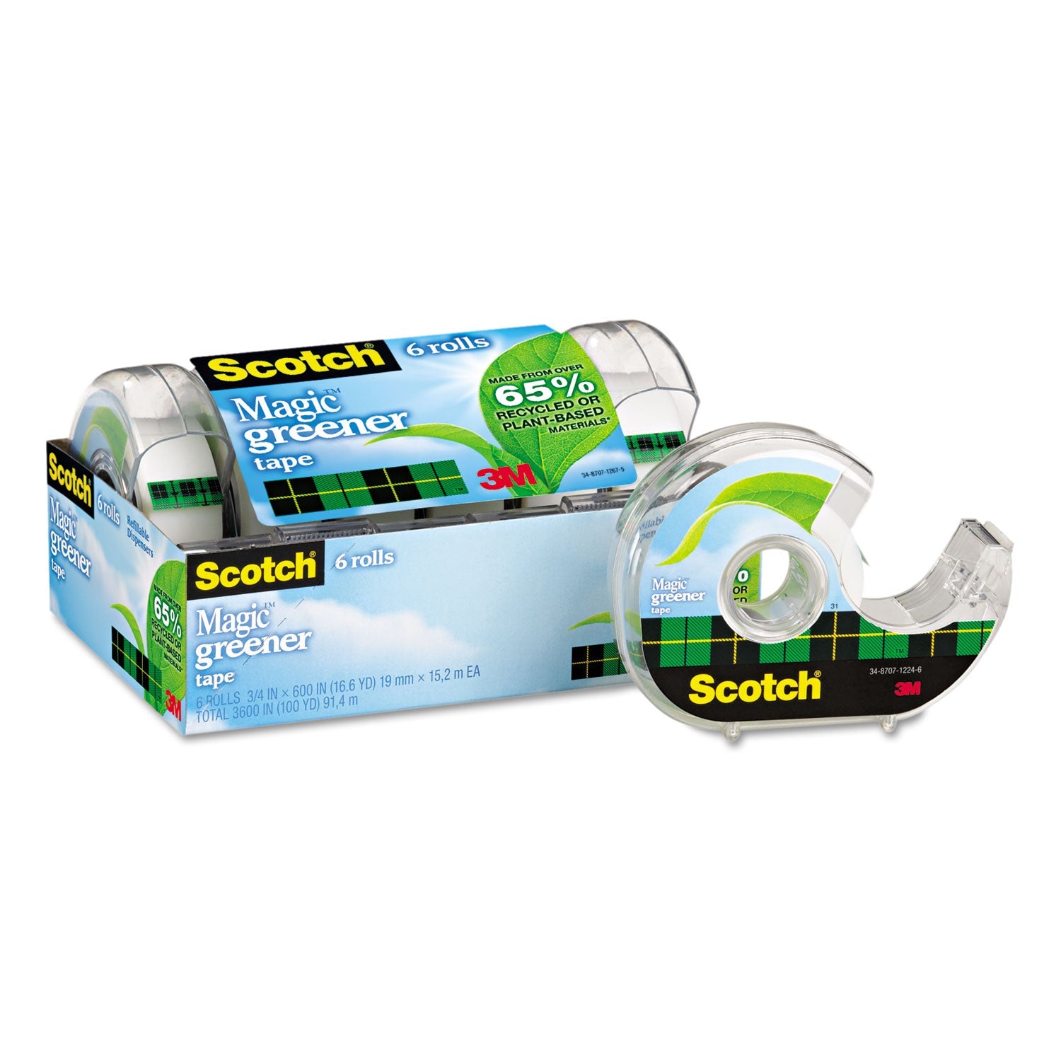 Scotch® Magic Greener Tape With Dispenser, 1" Core, 0.75" X 50 Ft, Clear, 6/pack