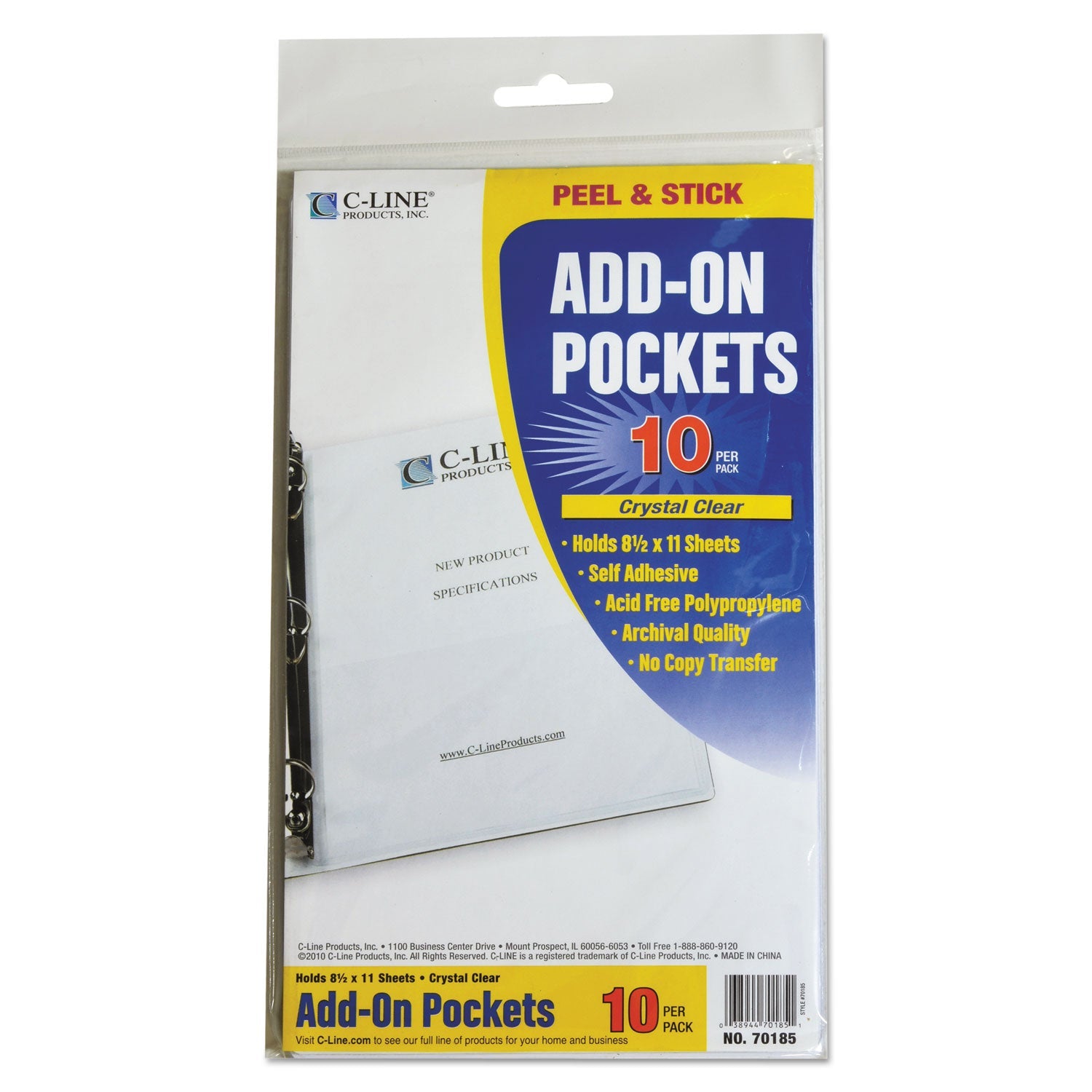C-Line® Peel and Stick Add-On Filing Pockets, 25", 11 x 8.5, 10/Pack