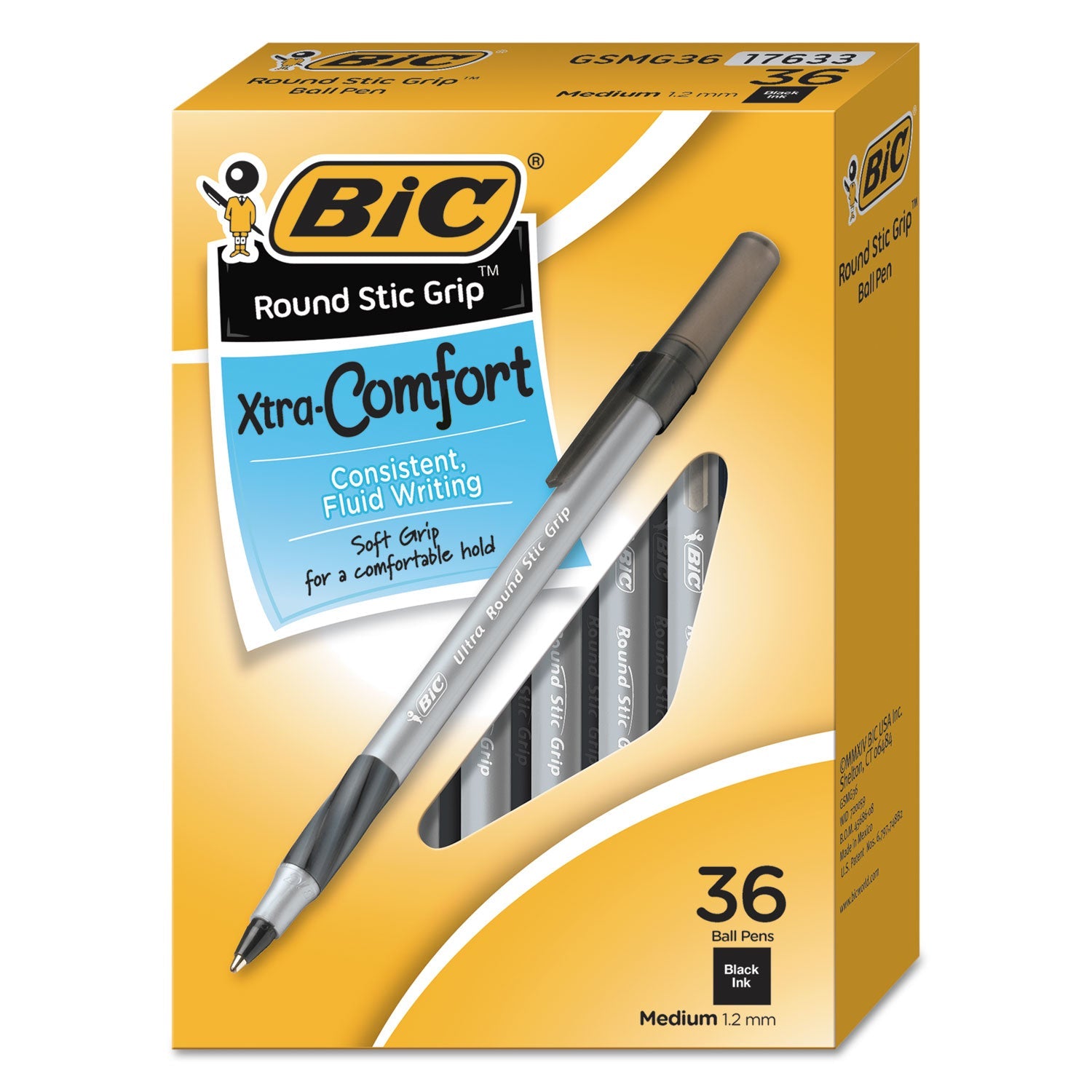 BIC® Round Stic Grip Xtra Comfort Ballpoint Pen Value Pack, Easy-Glide, Stick, Medium 1.2mm, Black Ink, Gray/Black Barrel, 36/Pack