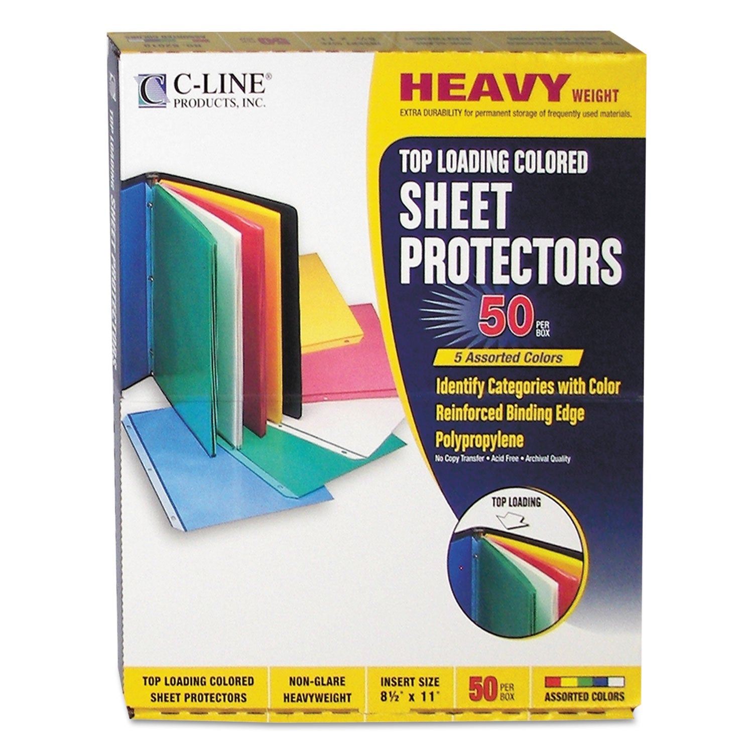C-Line® Colored Polypropylene Sheet Protectors, Assorted Colors, 2", 11 x 8.5, 50/Box