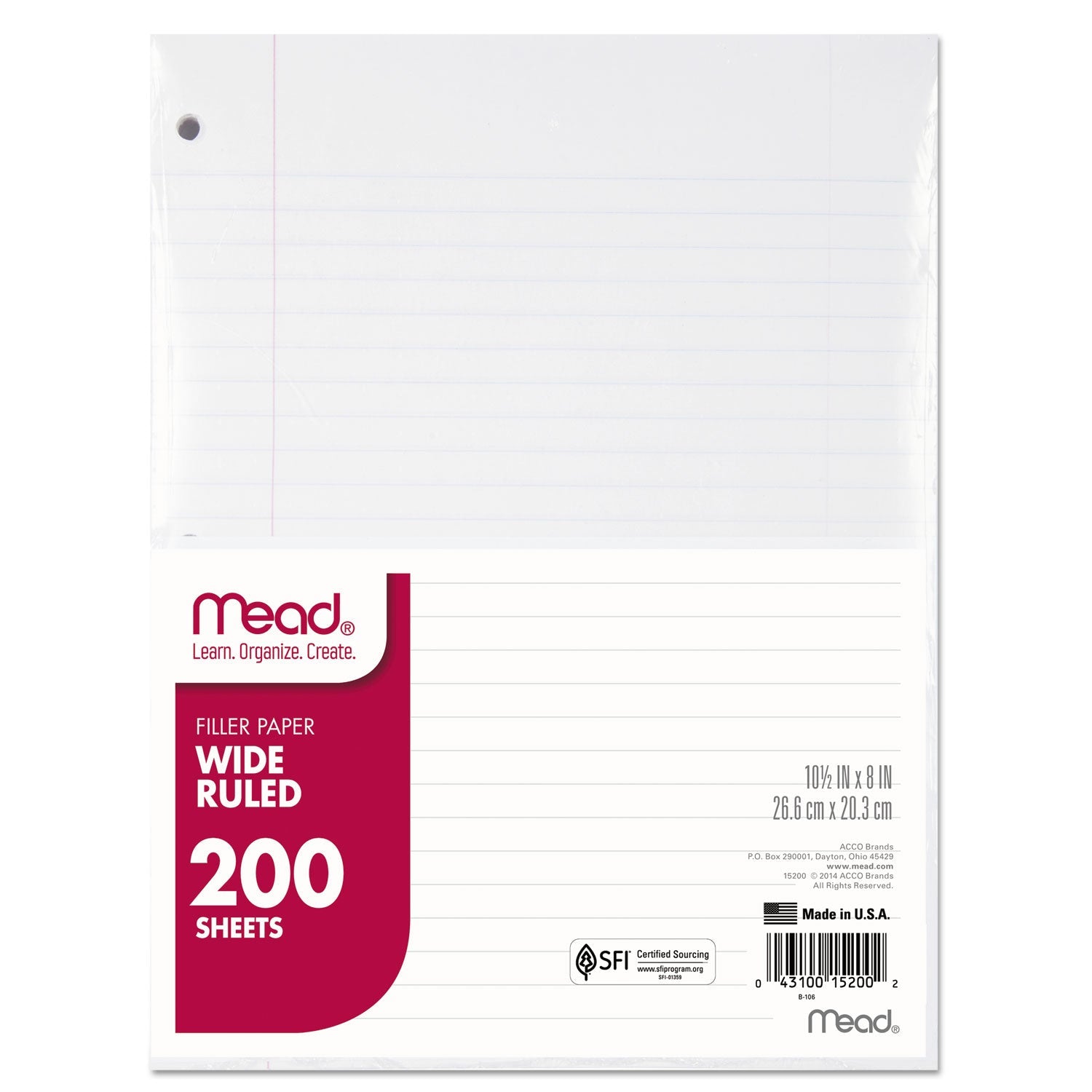 Mead® Filler Paper, 3-Hole, 8 X 10.5, Wide/legal Rule, 200/pack