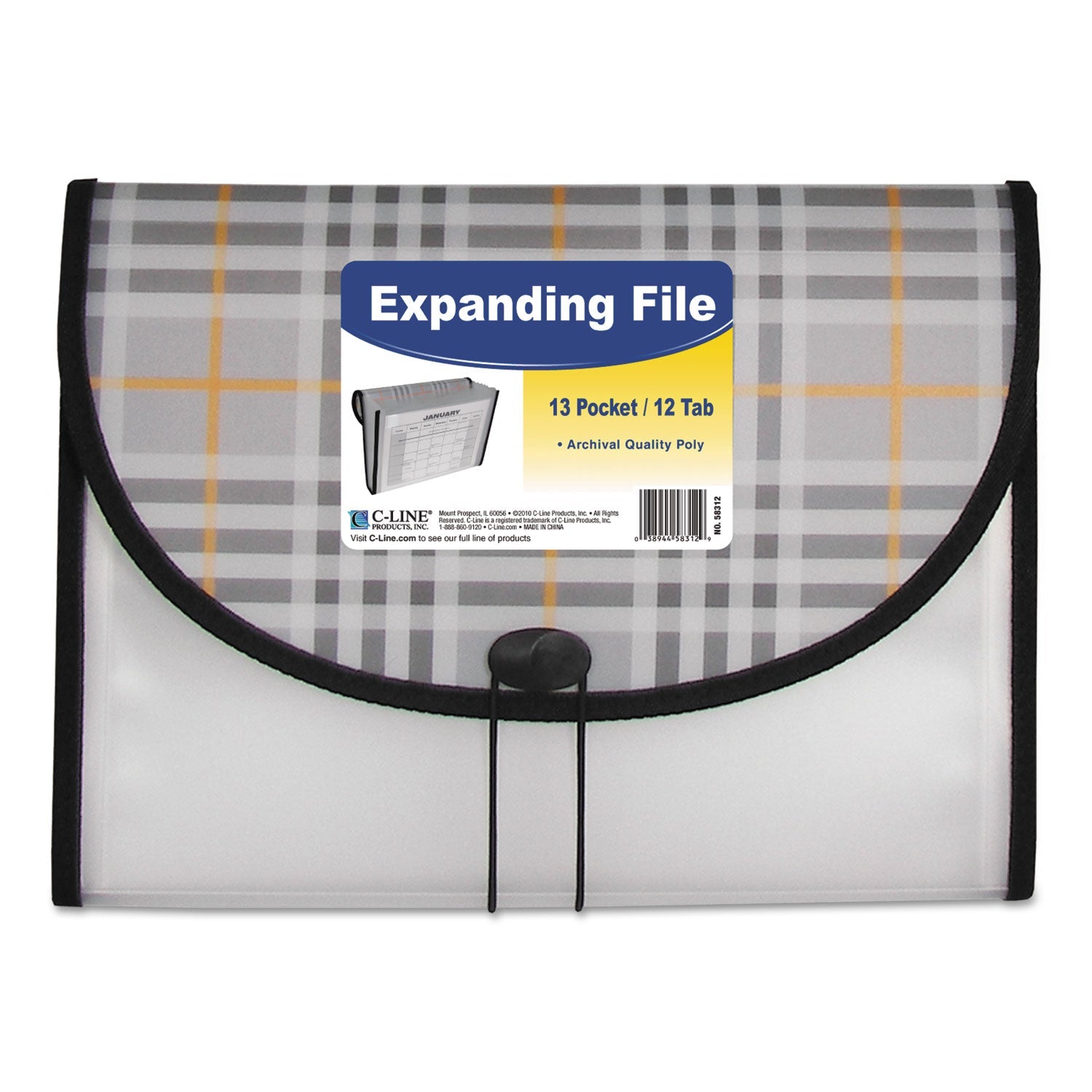 C-Line® Plaid Design Expanding Files, 1.5" Expansion, 13 Sections, Cord/Hook Closure, 1/6-Cut Tabs, Letter Size, Gray Plaid