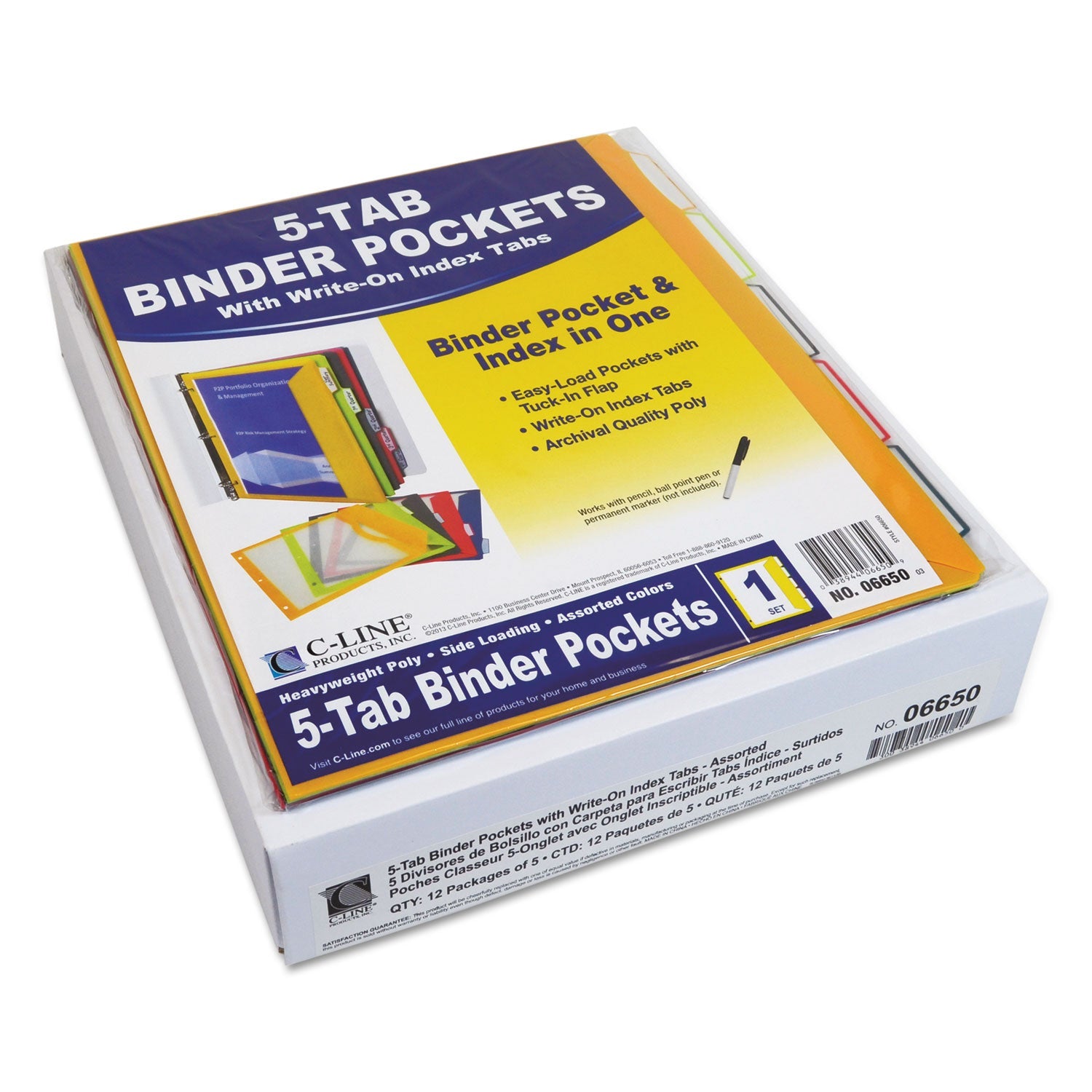 C-Line® Binder Pocket With Write-On Index Tabs, 9.88 X 11.38, Assorted, 5/set