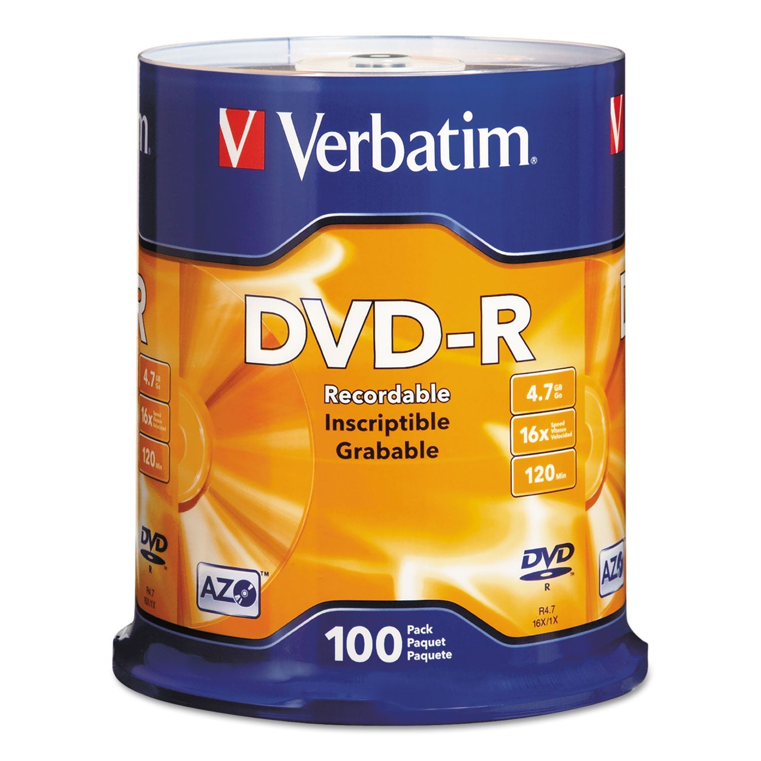 Verbatim® Dvd-R Recordable Disc, 4.7 Gb, 16x, Spindle, Silver, 100/pack