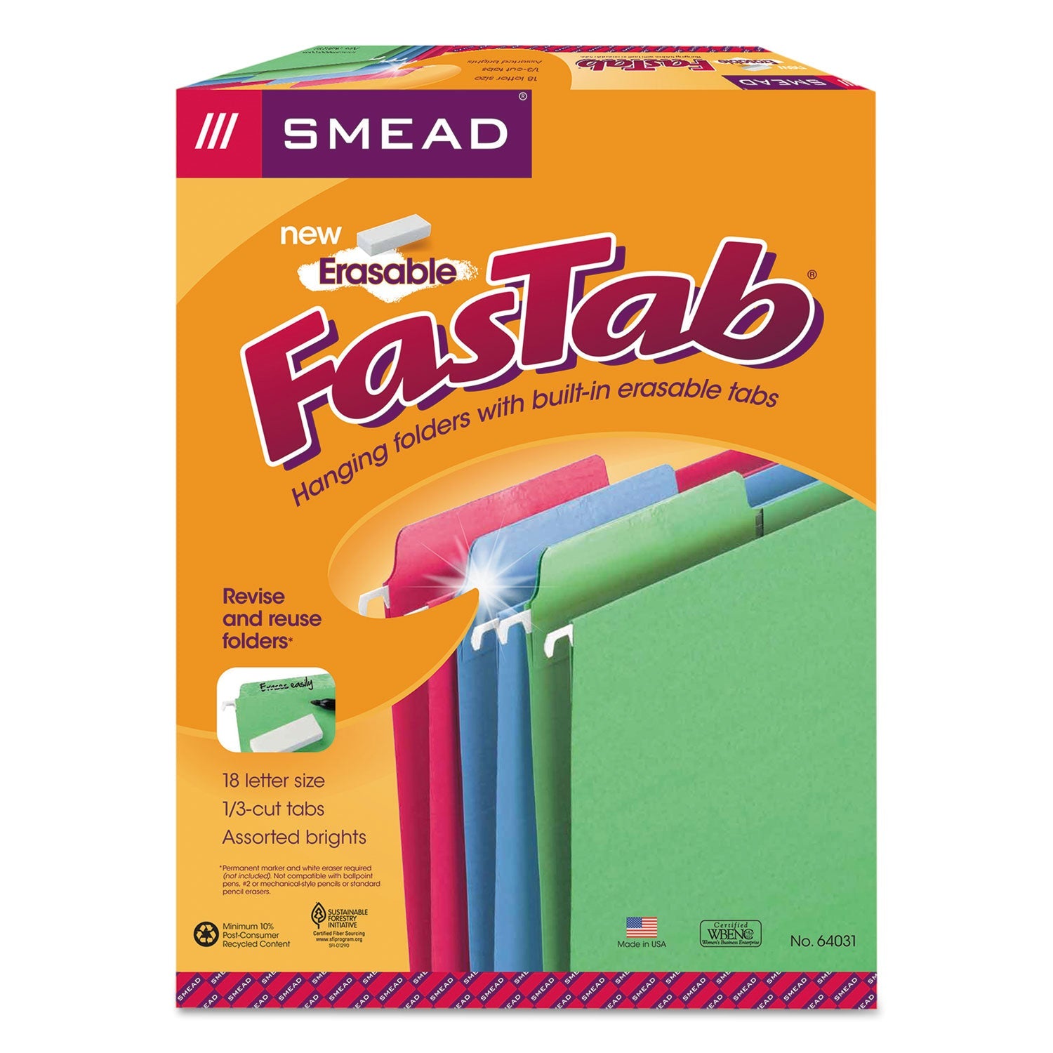 Smead Erasable Folders, Letter Size, 1/3-Cut Tabs, Assorted Colors, 18/Box