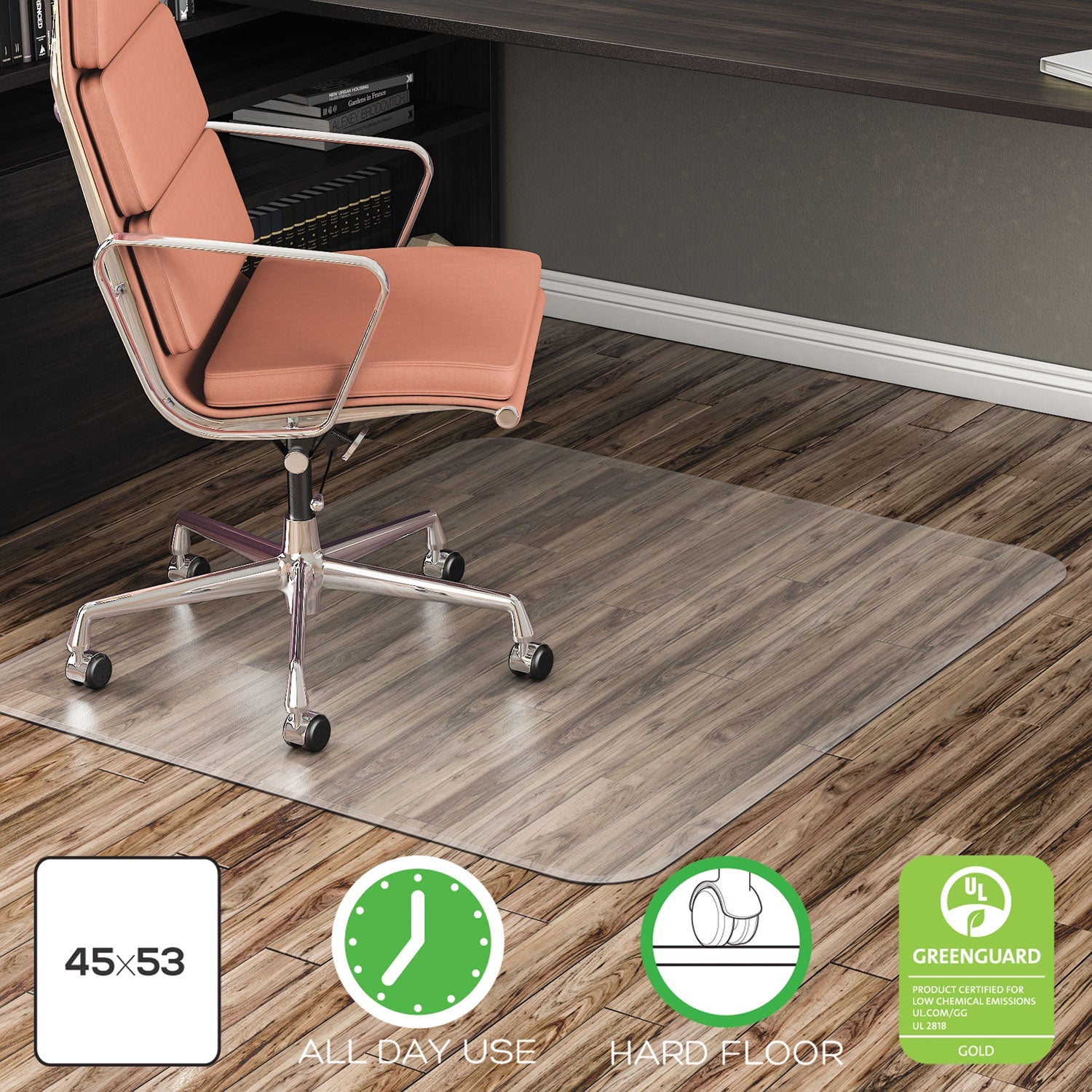 deflecto® EconoMat All Day Use Chair Mat for Hard Floors, Rolled Packed, 45 x 53, Clear