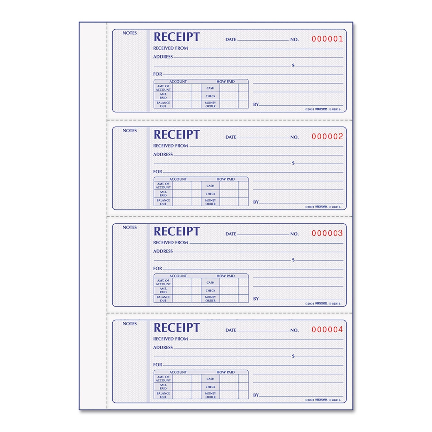 Rediform® Receipt Book, Two-Part Carbonless, 7 x 2.75, 4 Forms/Sheet, 400 Forms Total