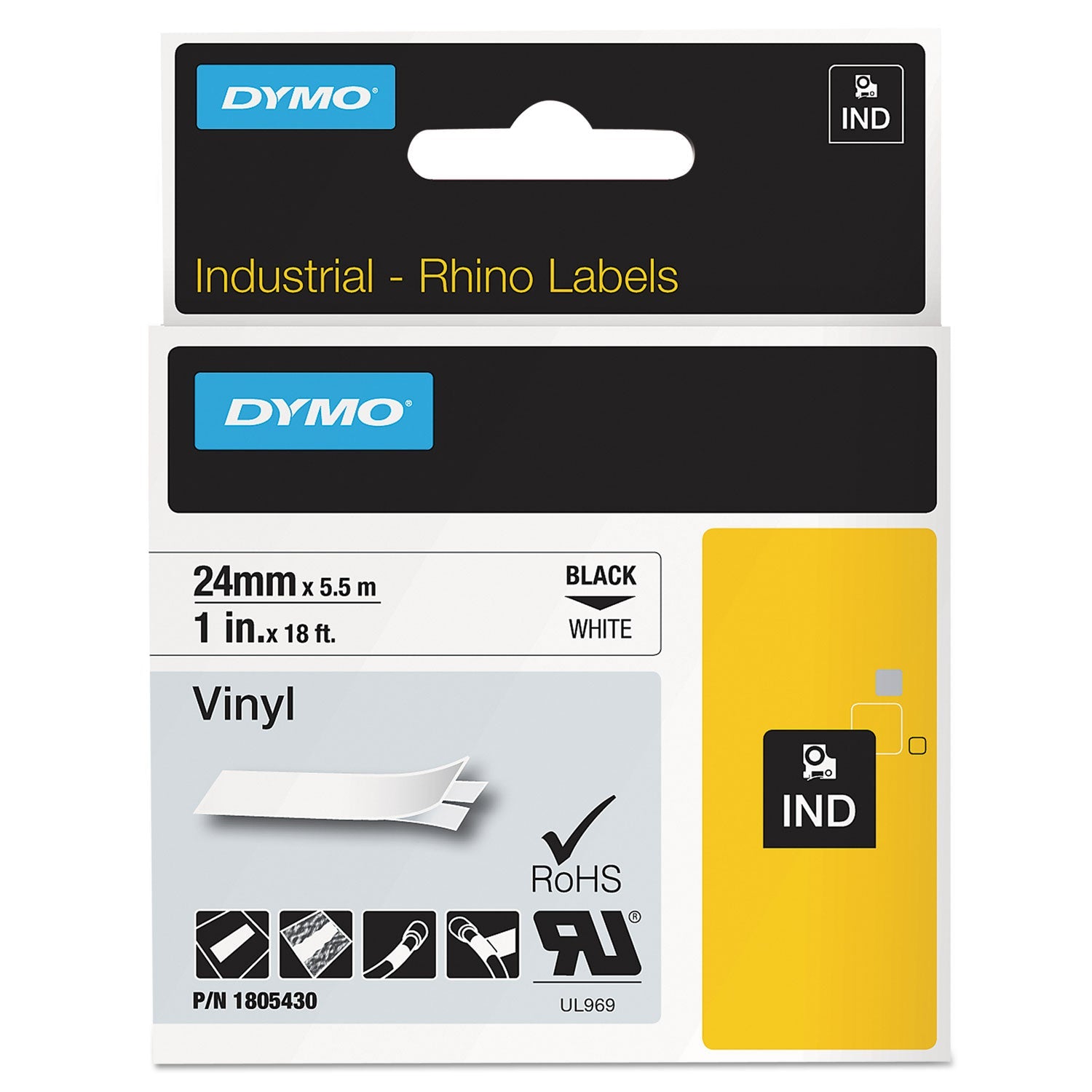 DYMO® Rhino Permanent Vinyl Industrial Label Tape, 1" X 18 Ft, White/black Print