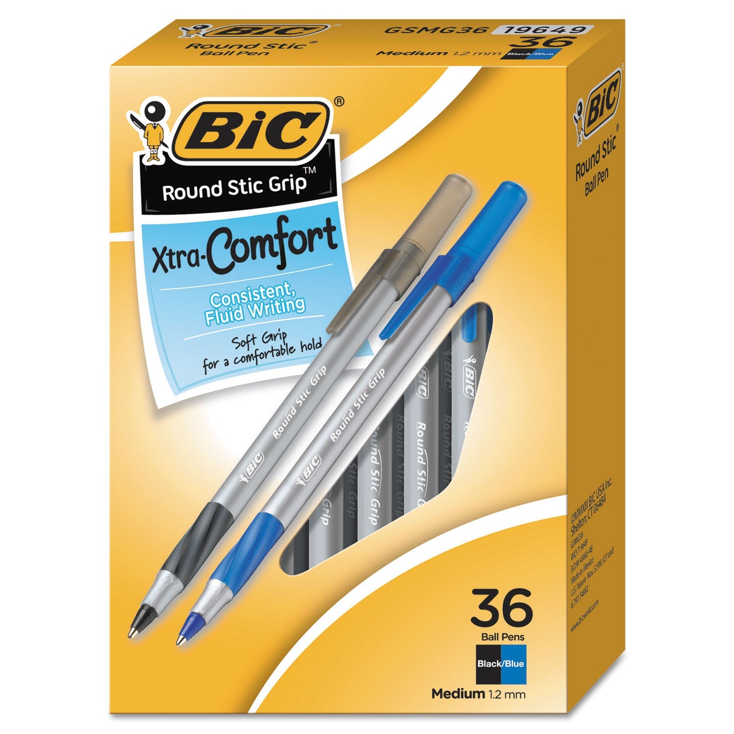 BIC® Round Stic Grip Xtra Comfort Ballpoint Pen Value Pack, Easy-Glide, Stick, Medium 1.2mm, Assorted Ink And Barrel Colors, 36/pk