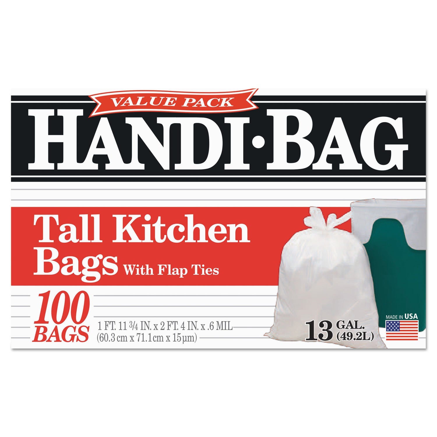 Handi-Bag® Super Value Pack Can Liners, 13 gal, 0.6 mil, 23.75" x 28", White, 100/Box