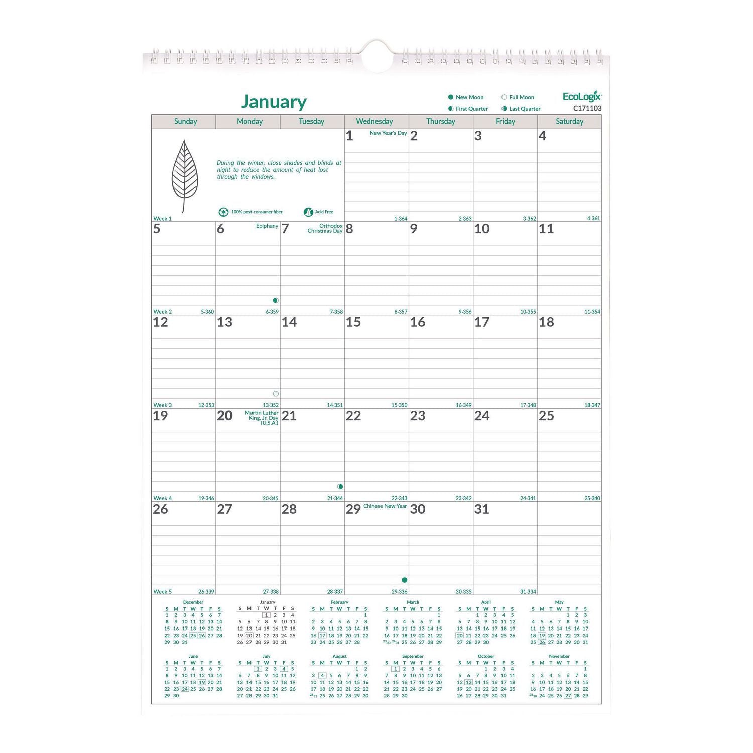Brownline® EcoLogix Monthly Wall Calendar, EcoLogix Artwork, 12 x 17, White/Green Sheets, 12-Month (Jan to Dec): 2025