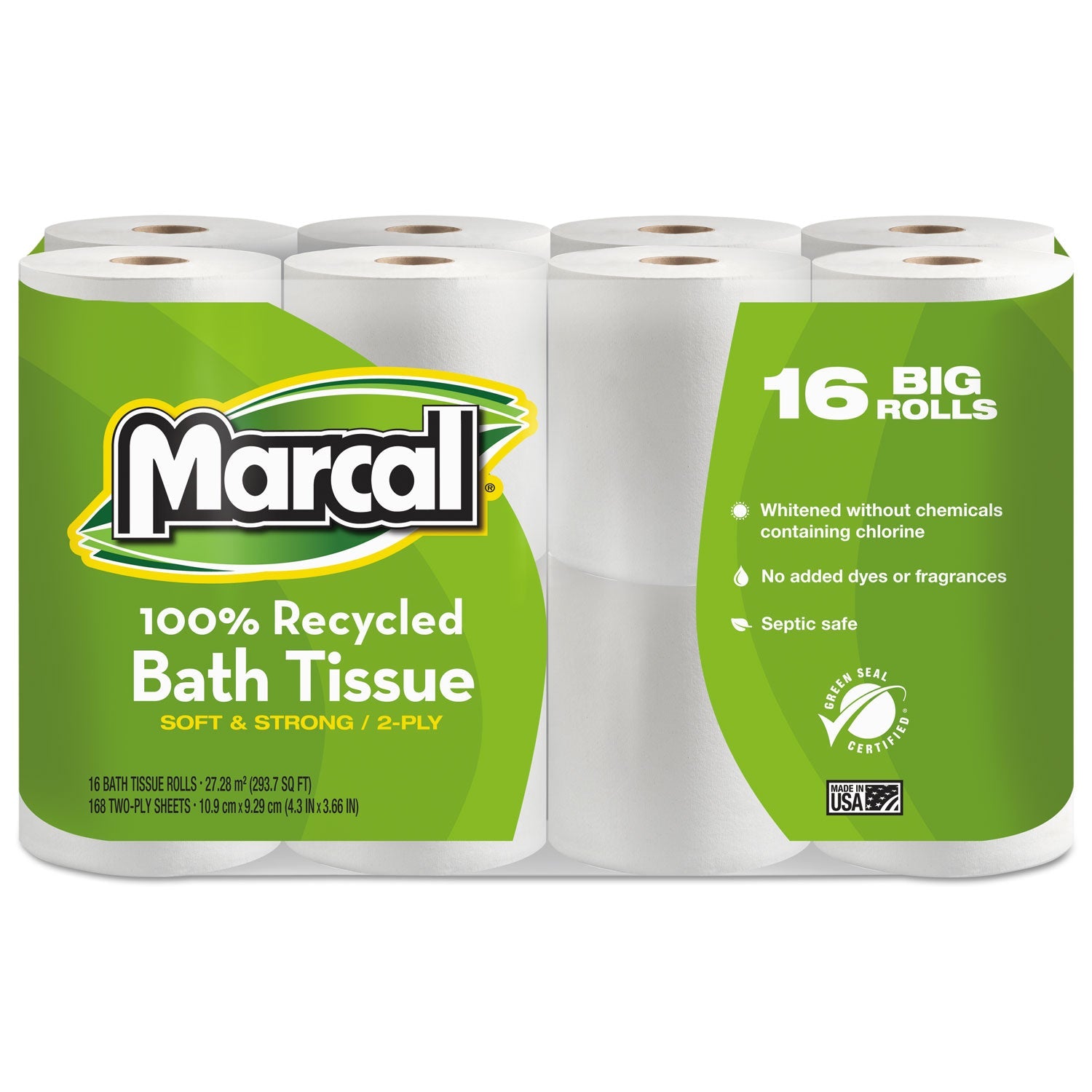 Marcal® 100% Recycled 2-Ply Bath Tissue, Septic Safe, White, 168 Sheets/Roll, 16 Rolls/Pack