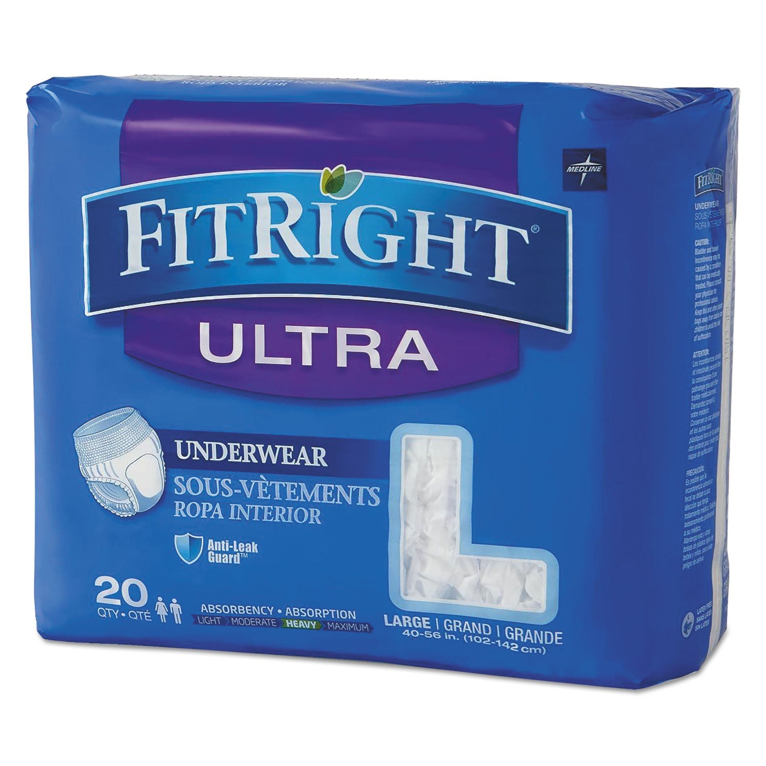 Medline Fitright Ultra Protective Underwear, Large, 40" To 56" Waist, 20/pack
