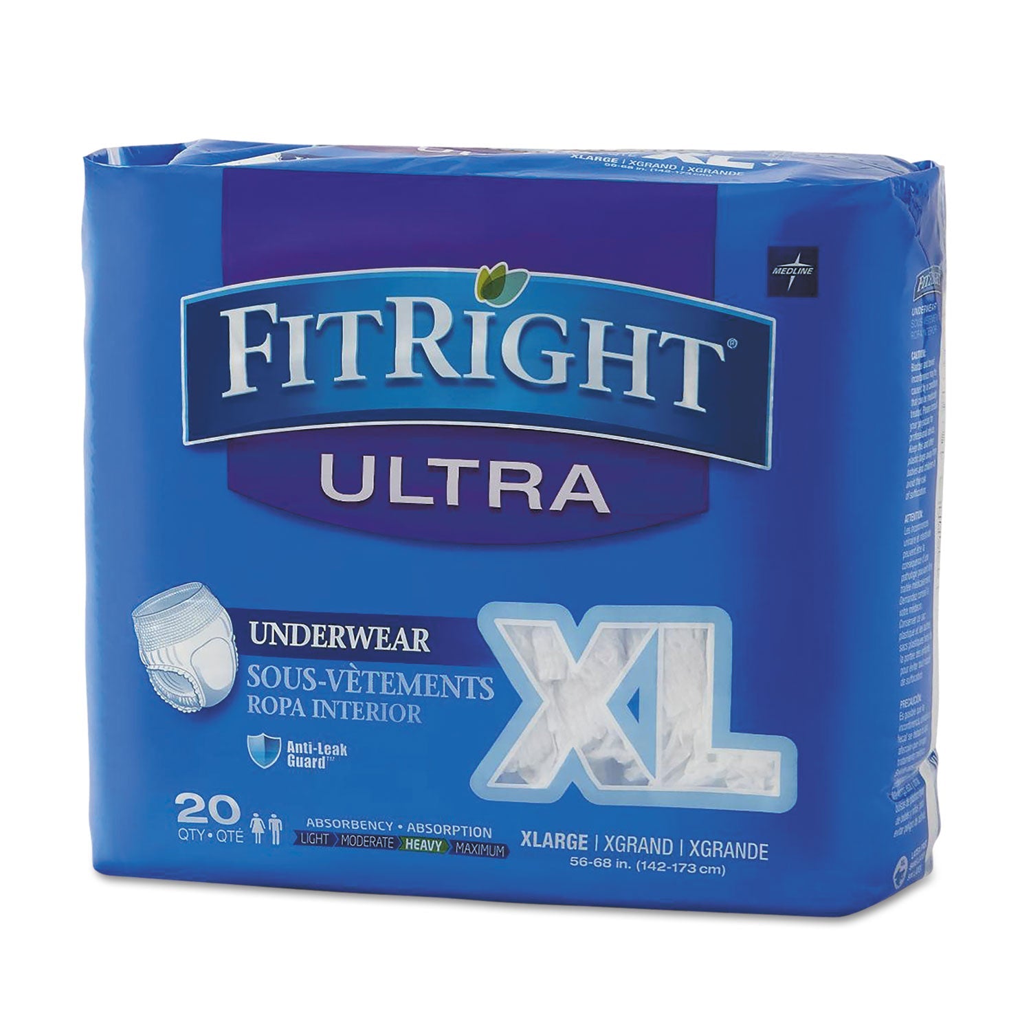 Medline Fitright Ultra Protective Underwear, X-Large, 56" To 68" Waist, 20/pack