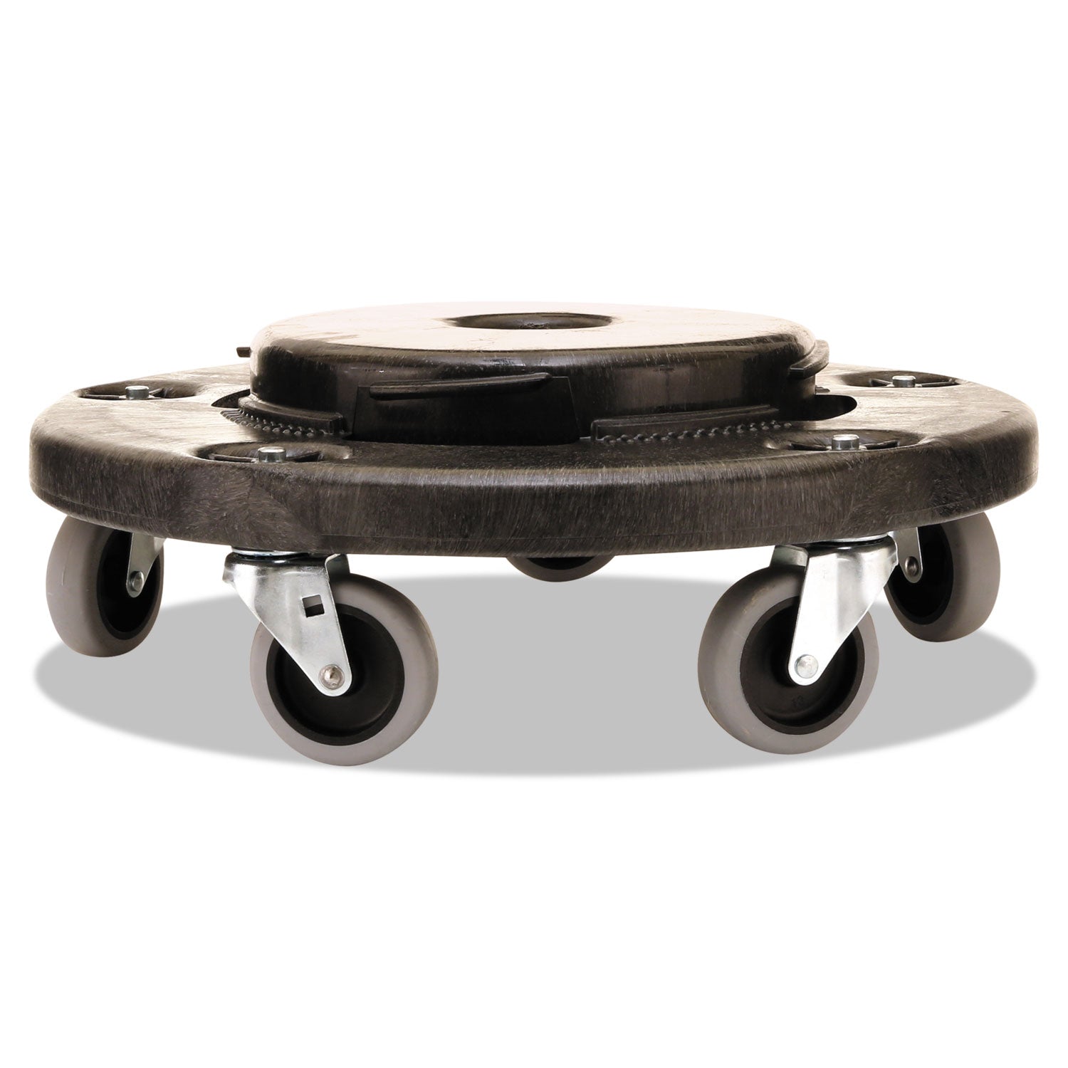 Rubbermaid® Commercial Brute Round Twist On/Off Dolly, 250 lb Capacity, 18" dia x 6.63"h, Fits 20 to 55 Gallon BRUTE Containers, Black