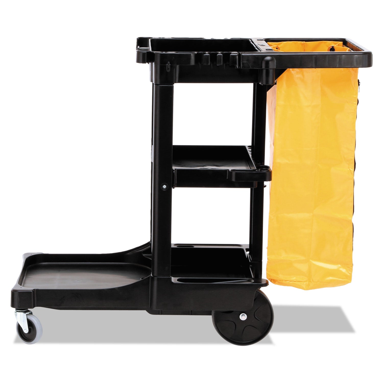 Rubbermaid® Commercial Multi-Shelf Cleaning Cart, Plastic, 4 Shelves, 1 Bin, 20" x 45" x 38.25", Black