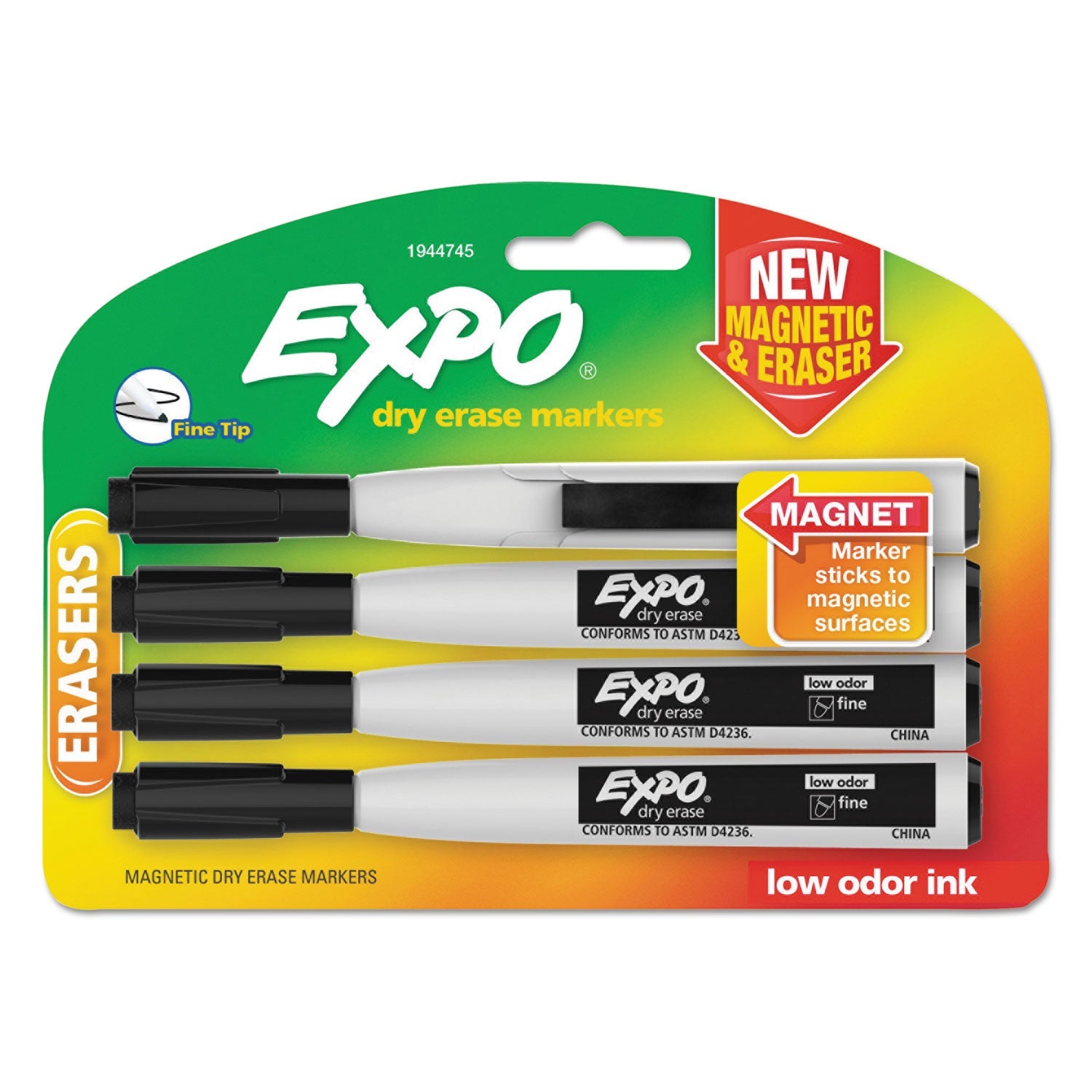 EXPO® Magnetic Dry Erase Marker, Fine Bullet Tip, Black, 4/pack