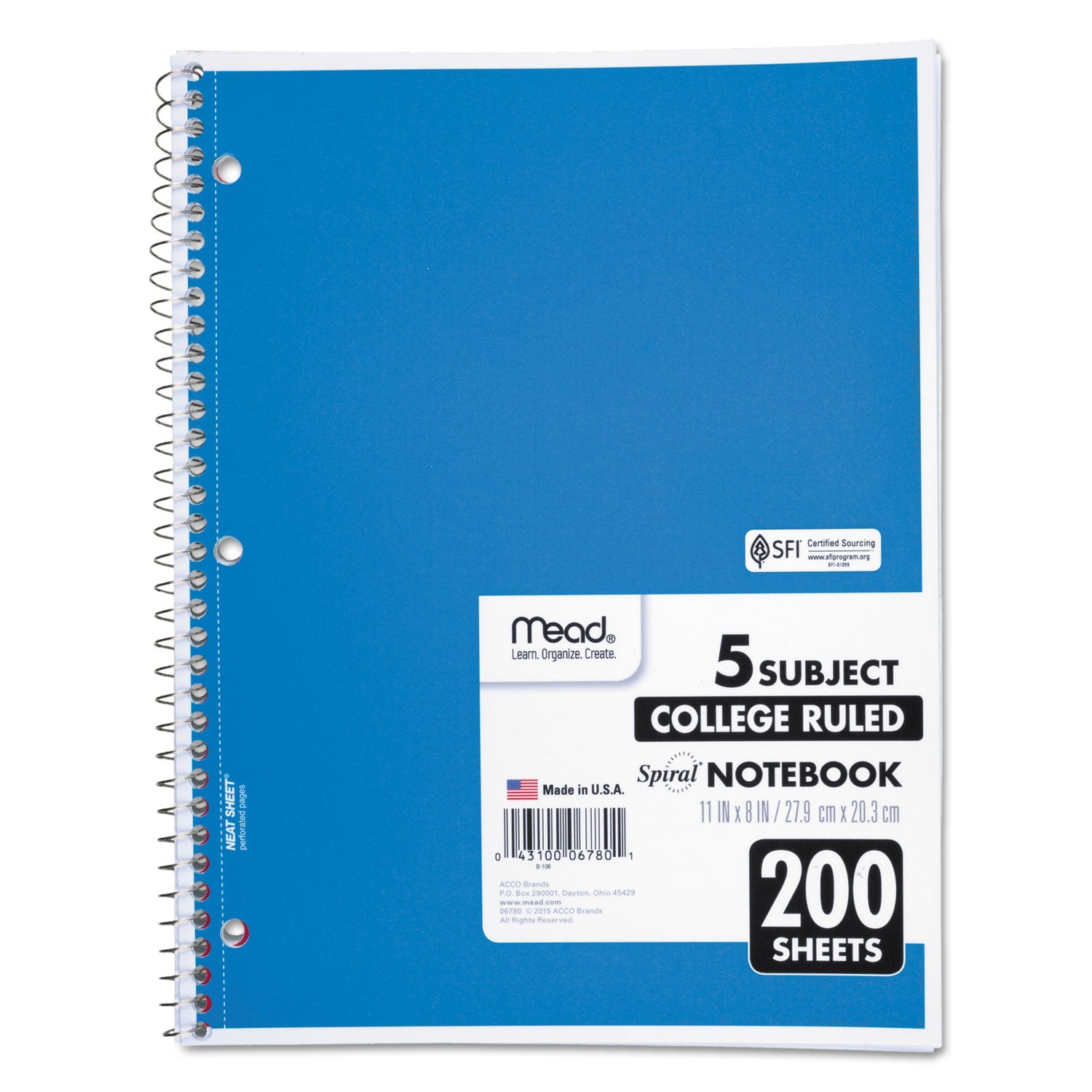 Mead® Spiral Notebook, 5-Subject, Medium/College Rule, Randomly Assorted Cover Color, (200) 11 x 8 Sheets