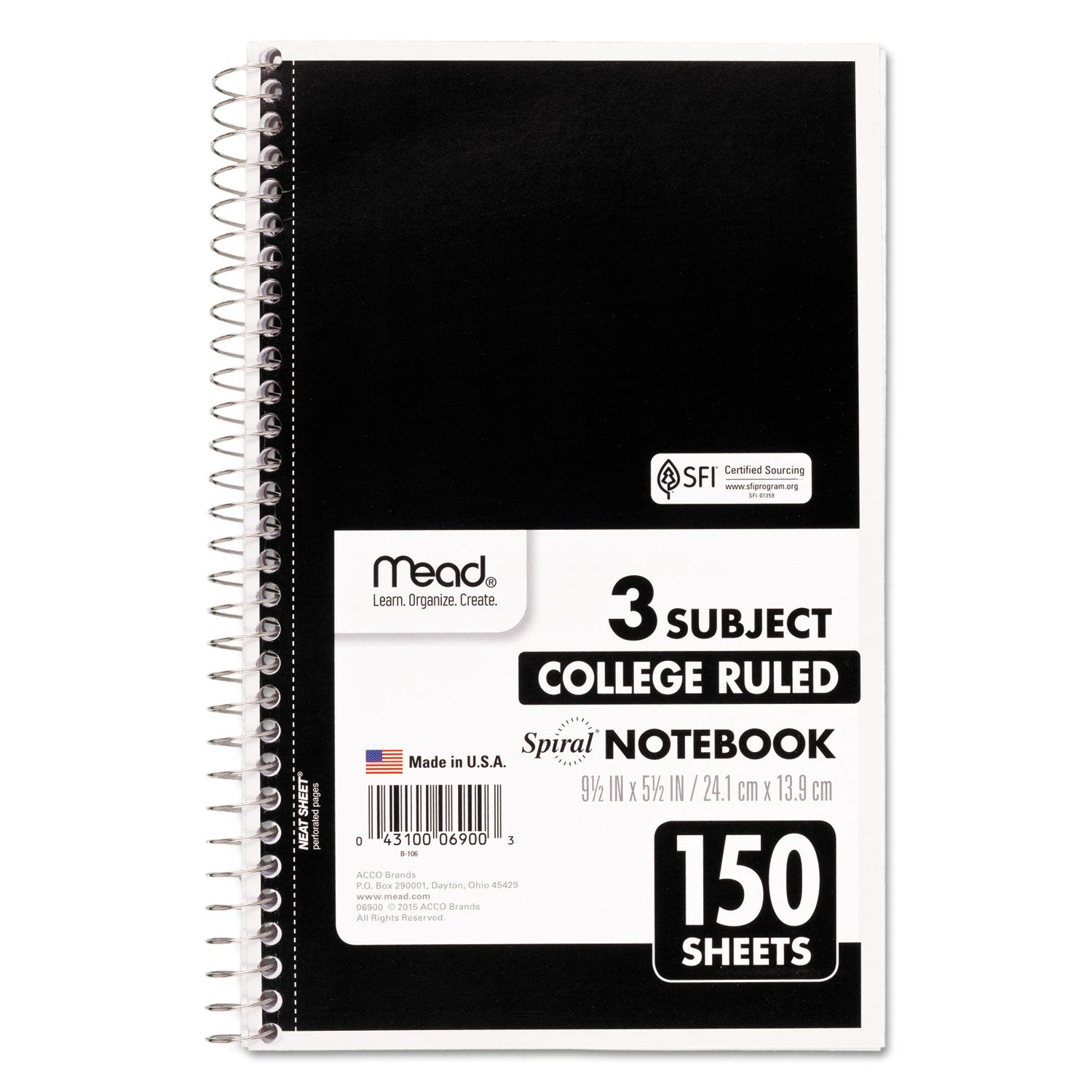 Mead® Spiral Notebook, 3-Subject, Medium/College Rule, Randomly Assorted Cover Color, (150) 9.5 x 5.5 Sheets