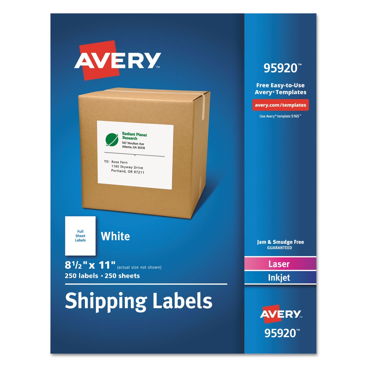 Avery® White Shipping Labels-Bulk Packs, Inkjet/laser Printers, 8.5 X 11, White, 250/box