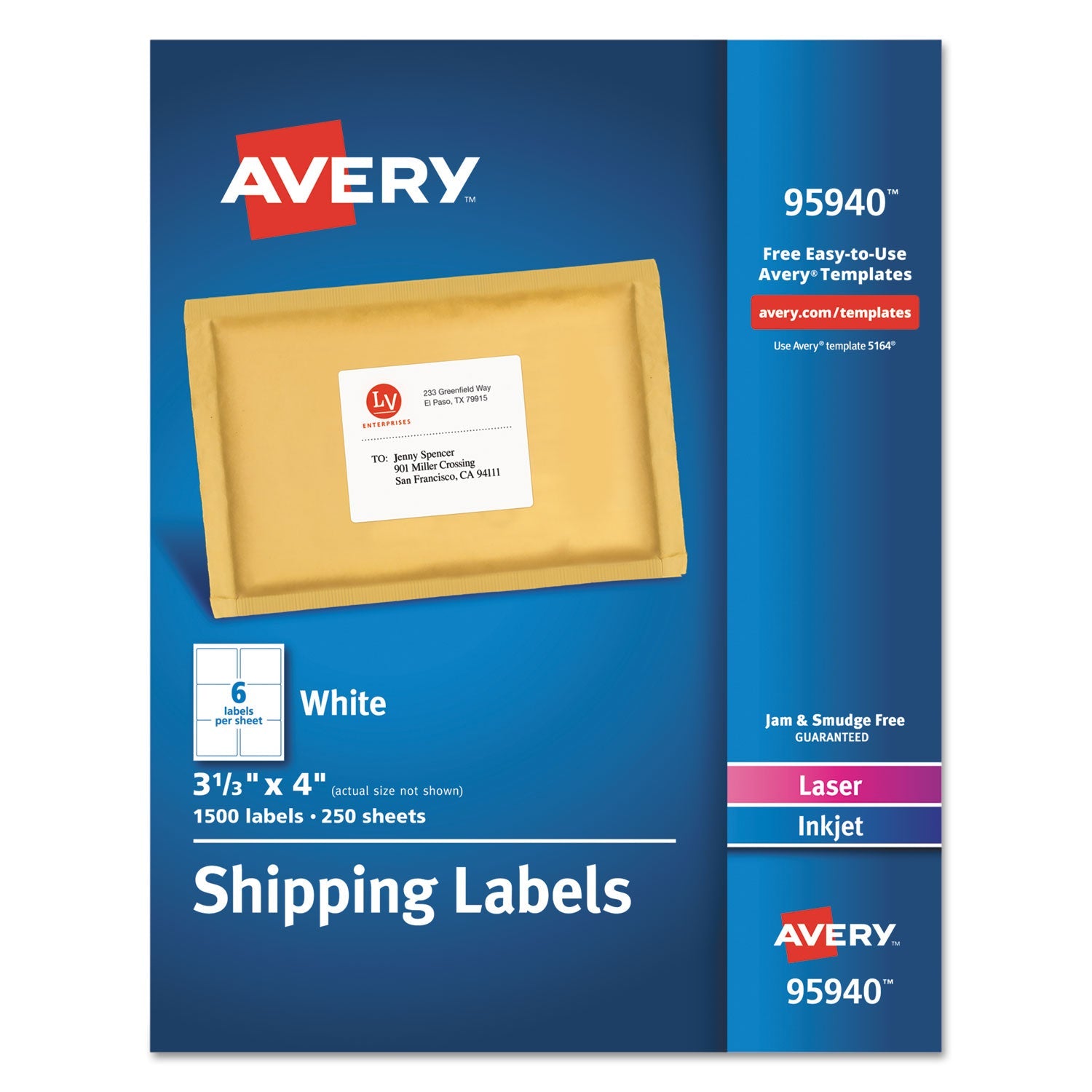 Avery® White Shipping Labels-Bulk Packs, Inkjet/laser Printers, 3.33 X 4, White, 6/sheet, 250 Sheets/box