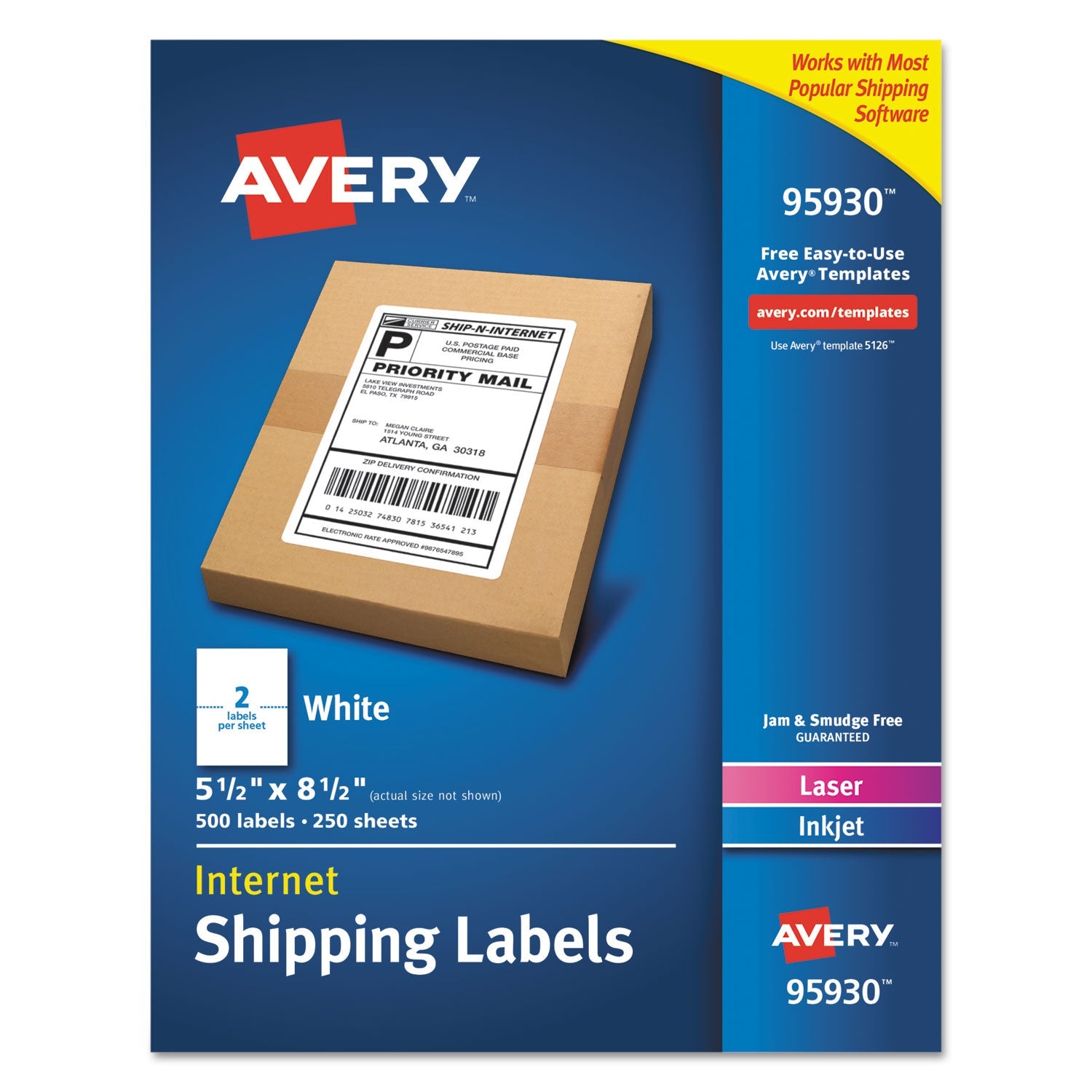 Avery® White Shipping Labels-Bulk Packs, Inkjet/laser Printers, 5.5 X 8.5, White, 2/sheet, 250 Sheets/box