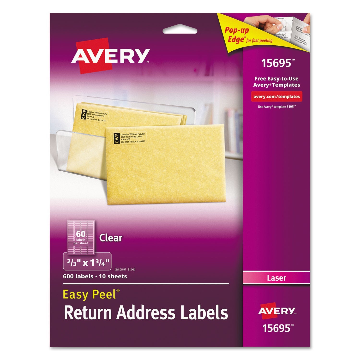 Avery® Matte Clear Easy Peel Mailing Labels W/ Sure Feed Technology, Laser Printers, 0.66 X 1.75, Clear, 60/sheet, 10 Sheets/pack