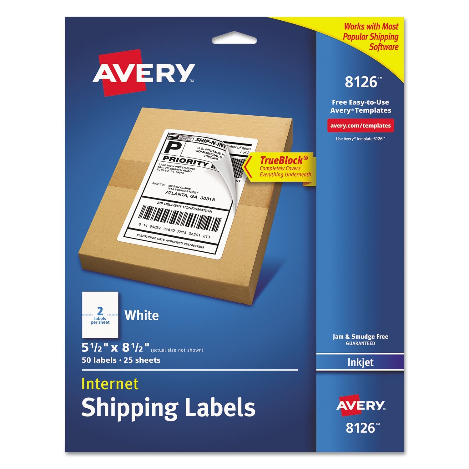 Avery® Shipping Labels W/ Trueblock Technology, Inkjet Printers, 5.5 X 8.5, White, 2/sheet, 25 Sheets/pack