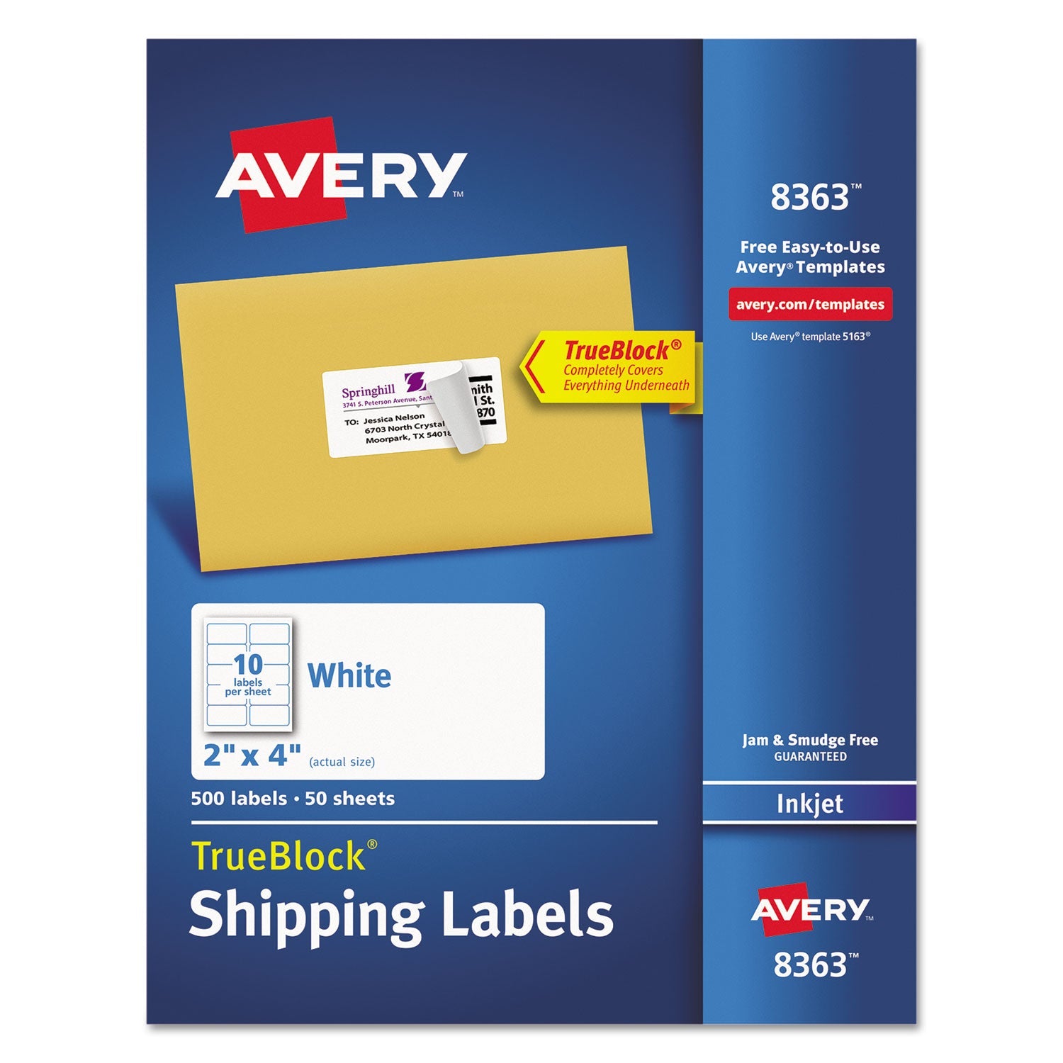 Avery® Shipping Labels W/ Trueblock Technology, Inkjet Printers, 2 X 4, White, 10/sheet, 50 Sheets/box
