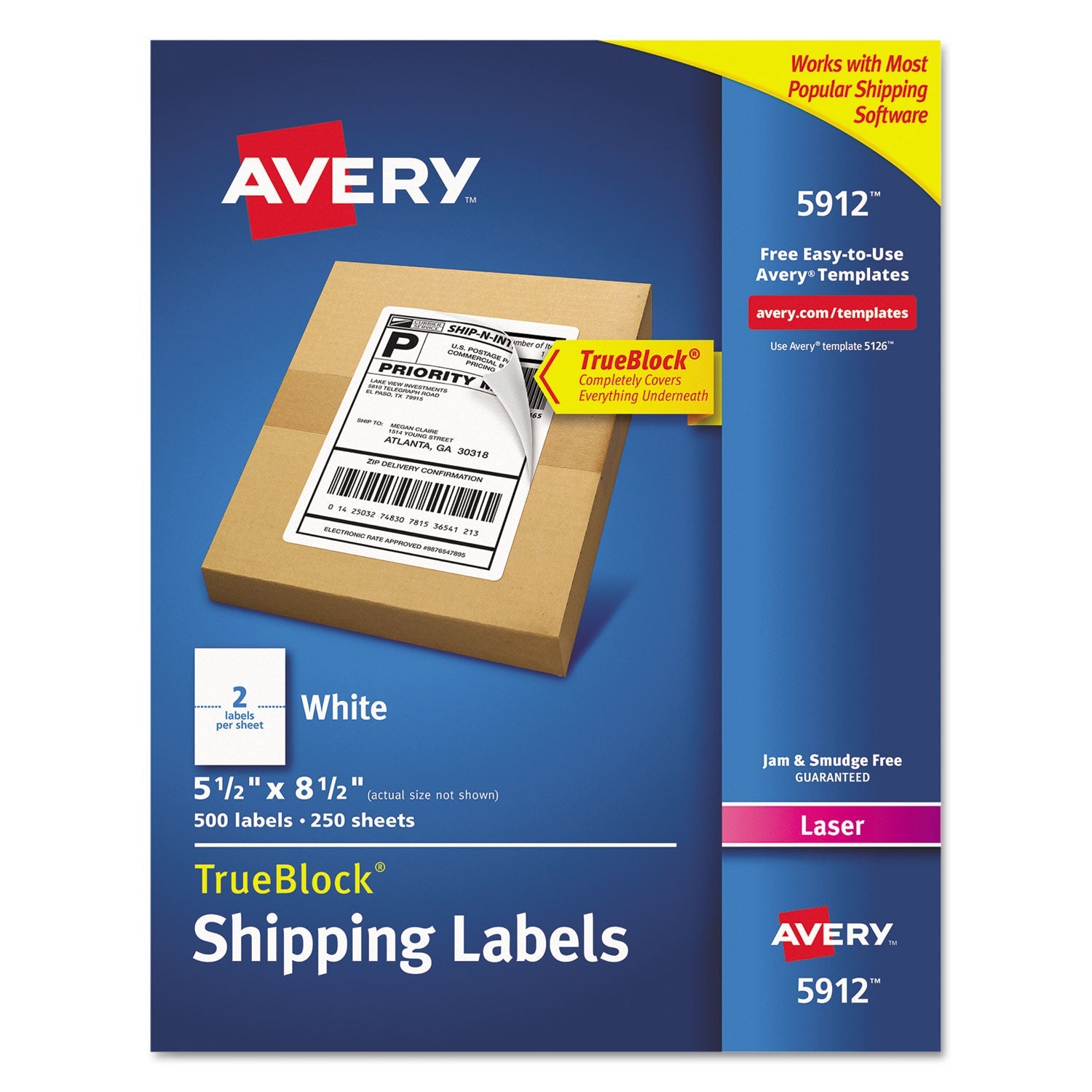 Avery® Shipping Labels W/ Trueblock Technology, Laser Printers, 5.5 X 8.5, White, 2/sheet, 250 Sheets/box
