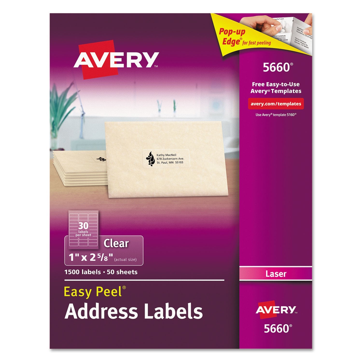 Avery® Matte Clear Easy Peel Mailing Labels W/ Sure Feed Technology, Laser Printers, 1 X 2.63, Clear, 30/sheet, 50 Sheets/box